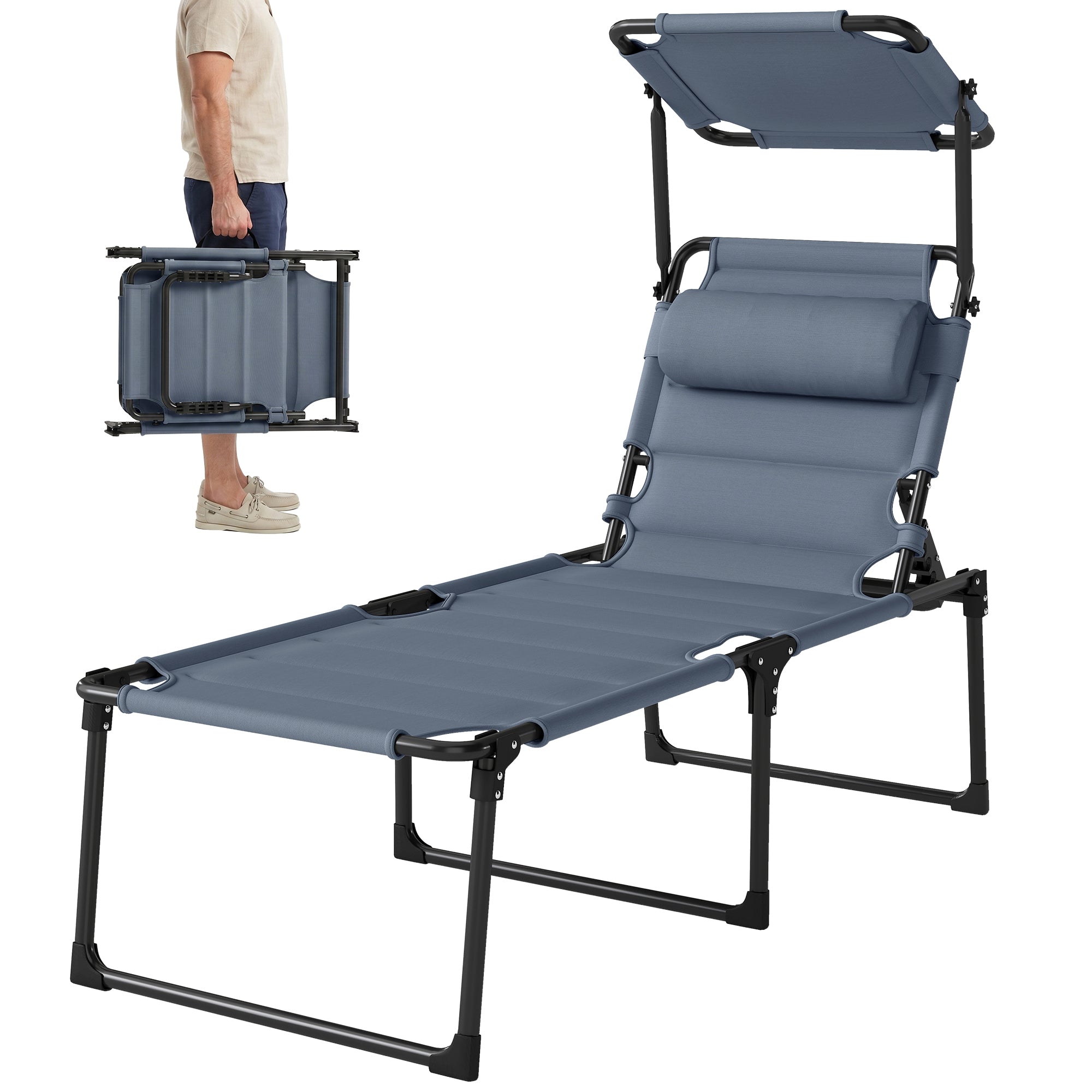 Outdoor Lounge Chair, 4 Position Adjustable Backrest, Folding, Cushioned w/ Sun Shade Roof & Pillow, Gray