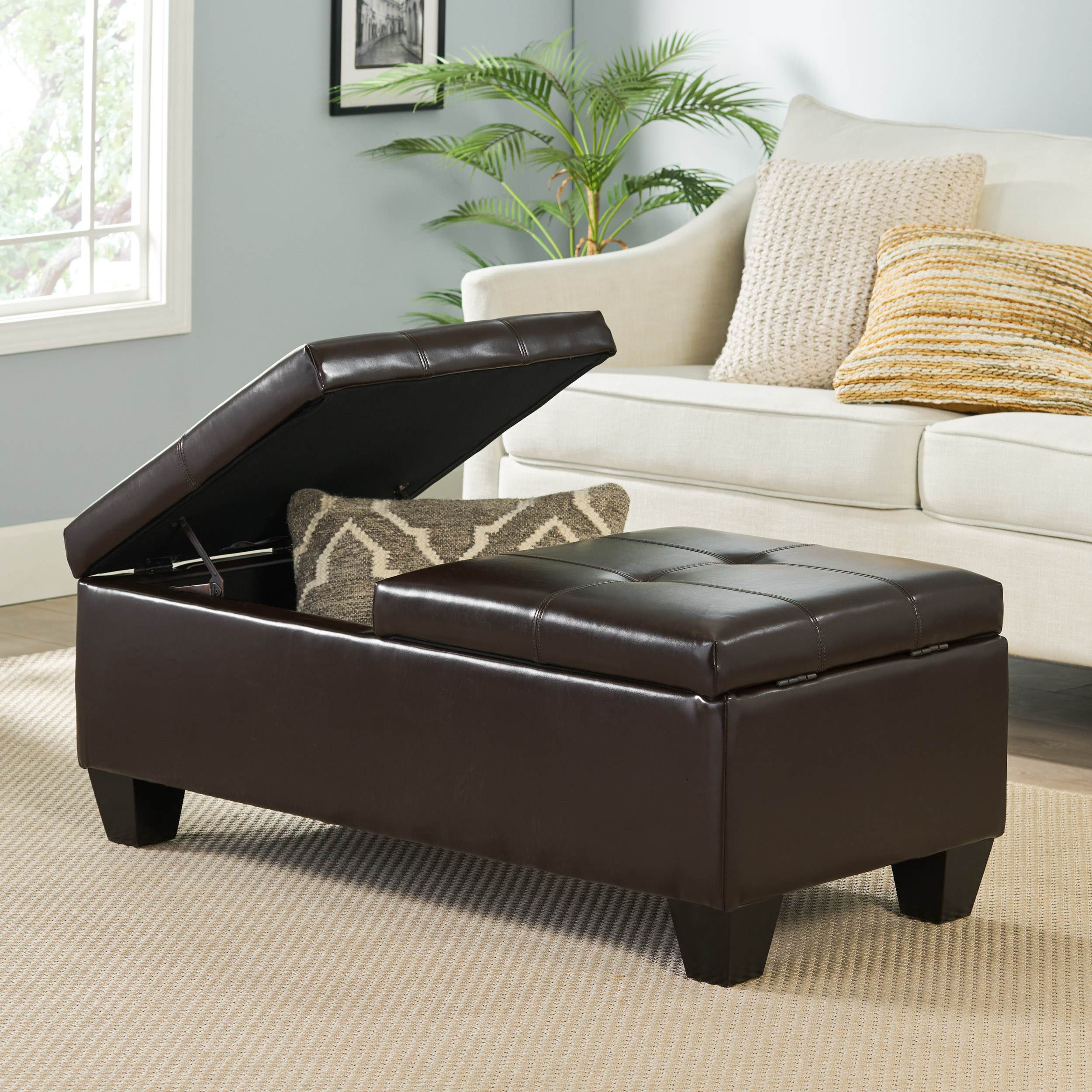 Storage Ottoman with Cushioned Top, Sturdy Frame, and Space-Saving Design, 46.5" L x 20.75" W x 17.25" H, Chocolate