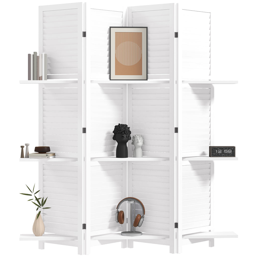 4 Panel 67" Tall Wood Privacy Screen Room Divider with 3 Shelves and Folding Storage for Bedroom, White