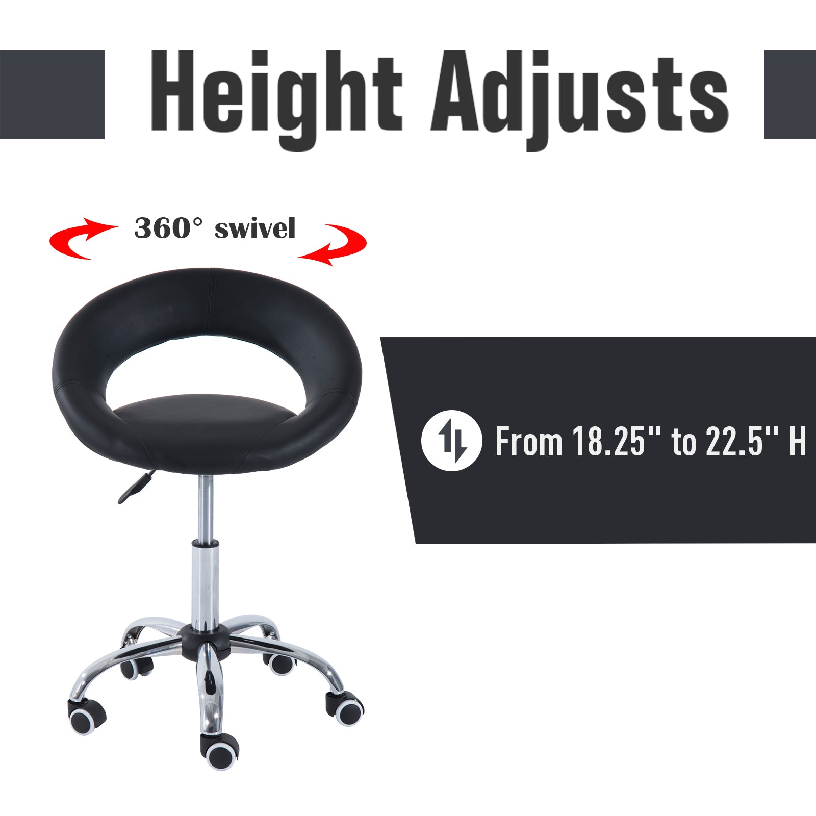 Crescent Rolling Salon Stool with Adjustable Height, Breathable Open Back, Foam Cushion Seat, and 5 Caster Wheels, Black