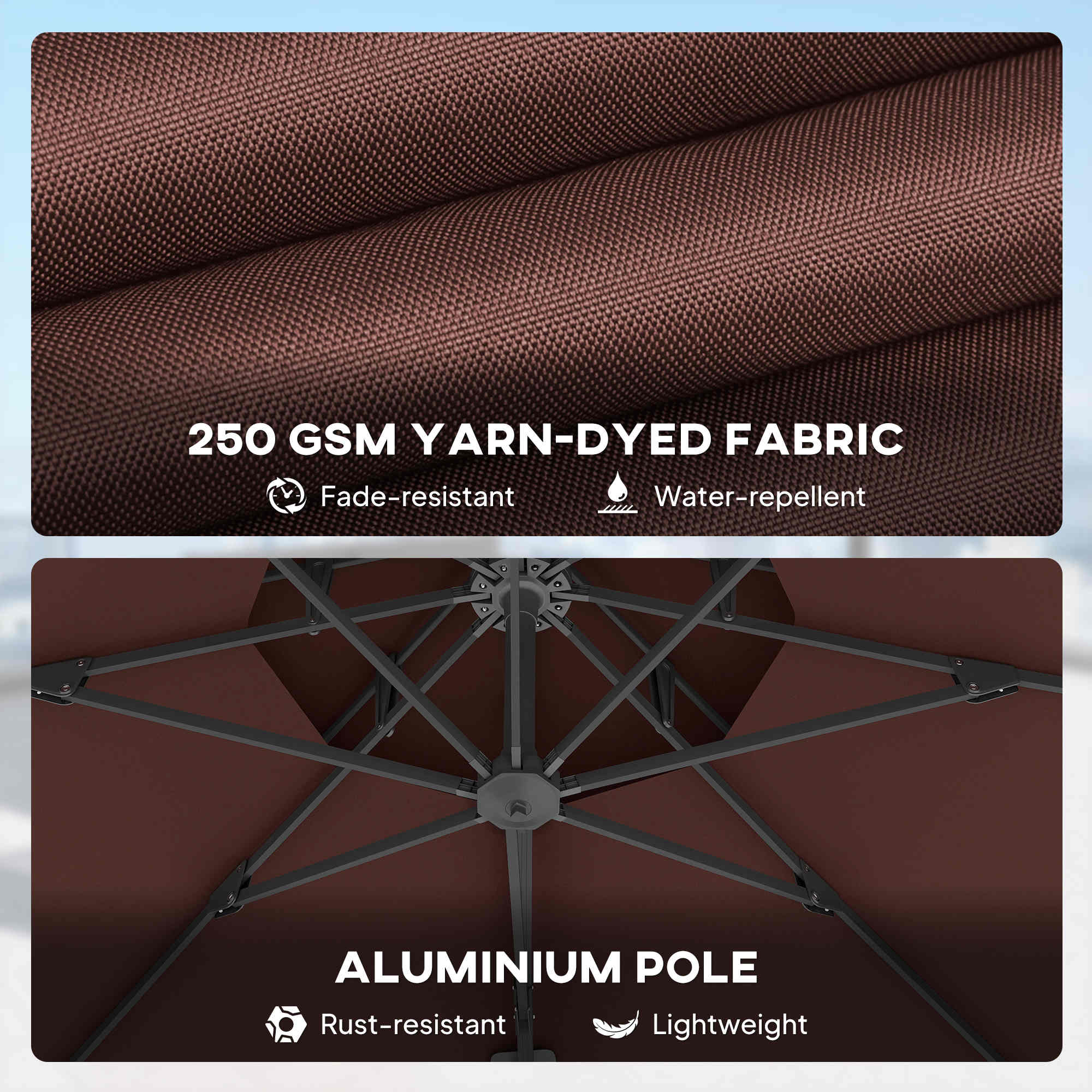 11ft Cantilever Patio Umbrella with Base, Double Top Hanging Aluminum Offset Umbrella with 360° Rotation, Easy Tilt, 8 Ribs, Crank, Cross Base for Backyard, Brown