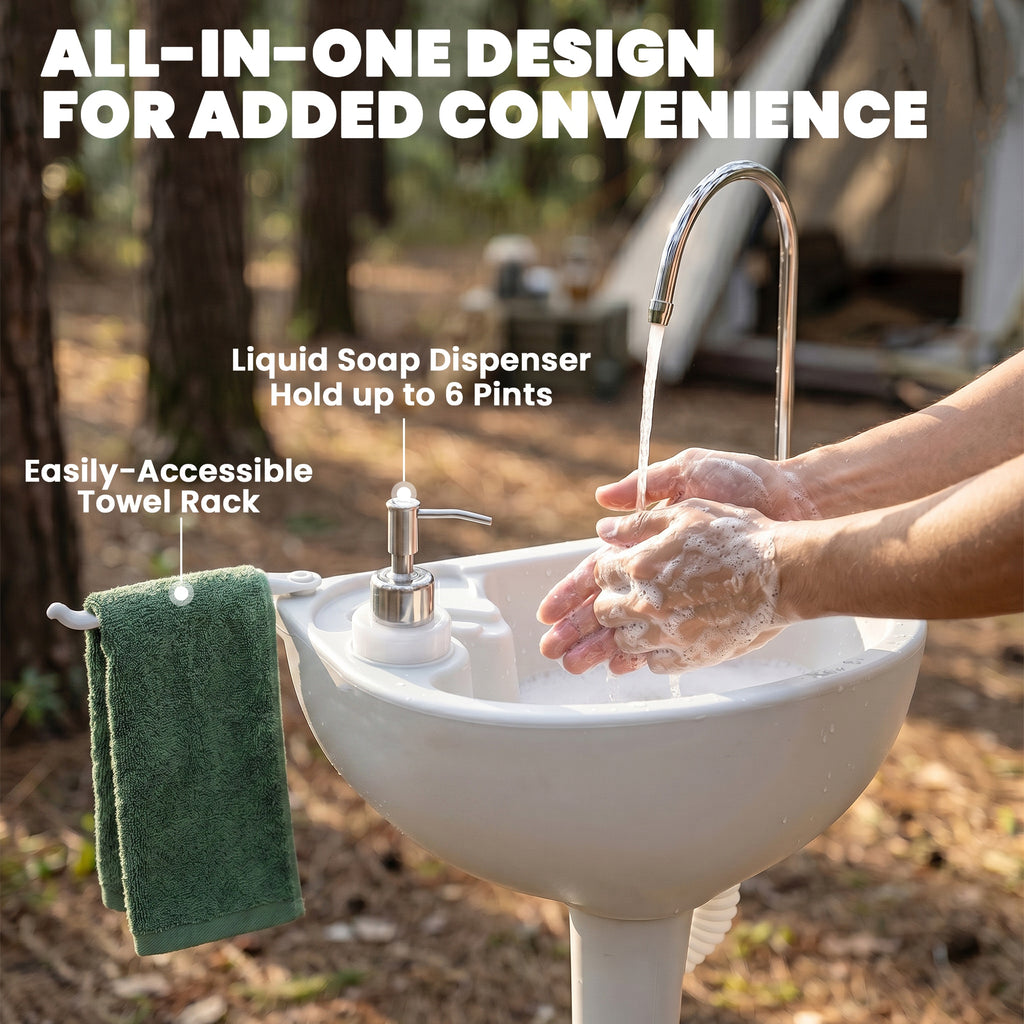Portable Camping Sink, HDPE Handwashing Station Basin with 4.5 Gal Tank, 6.3 Gal Recovery Tank, Wheels & Soap Dispenser