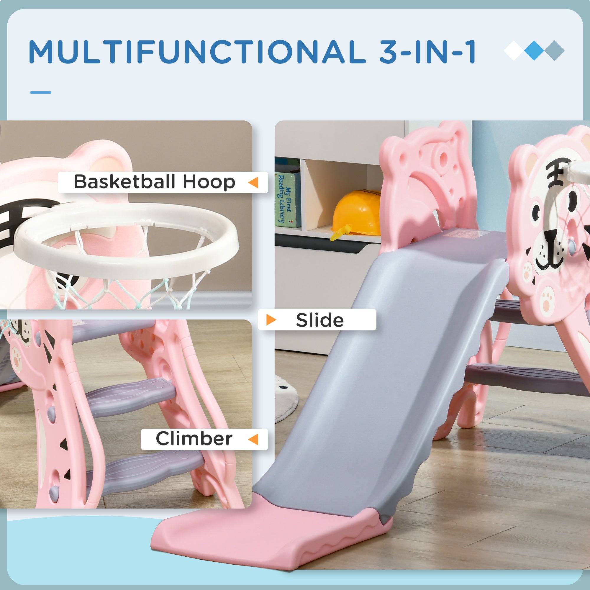 Slide for Kids with Basketball Hoop for Indoor Use, Easy Set Up Baby Slide for Kids 18-36 Months, Pink