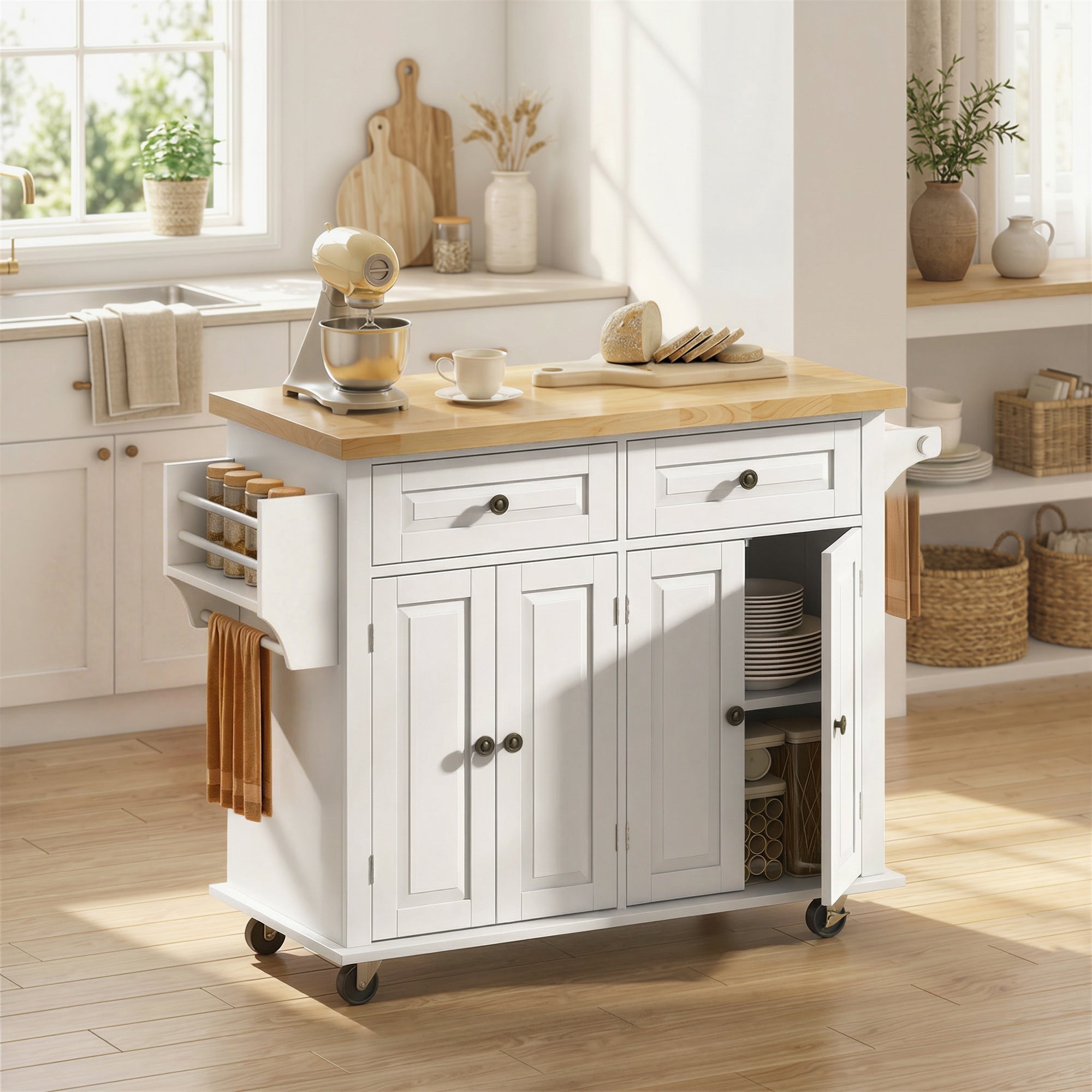 44" Mobile Kitchen Island Table, Kitchen Island Cart on Wheels with Storage Cabinets, 2 Drawers, White