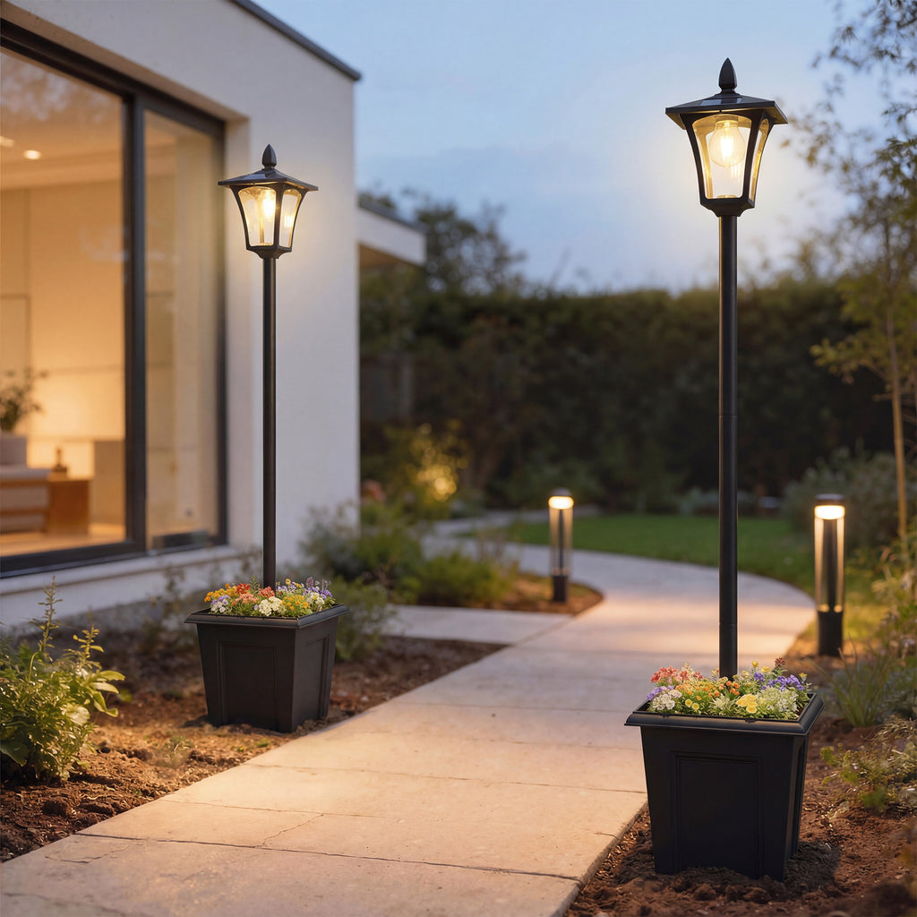 63" Solar Lamp Post Lights 2 Pack, Waterproof LED Solar Light Posts with Planter, Black