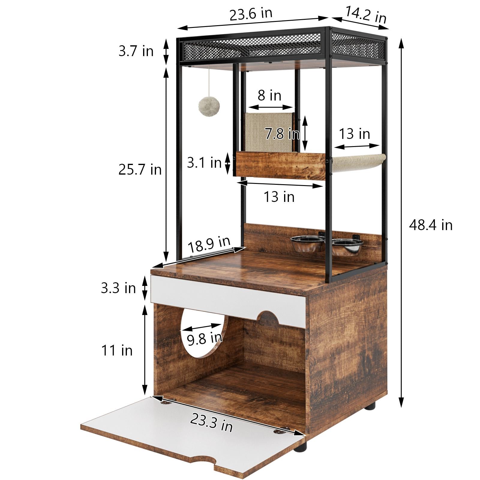 Cat Litter Box Enclosure with Cat Tree Tower, Multi-Functional Cat Furniture Cabinet, 23.5" L x 19" W x 48.5" H, White+Vintage