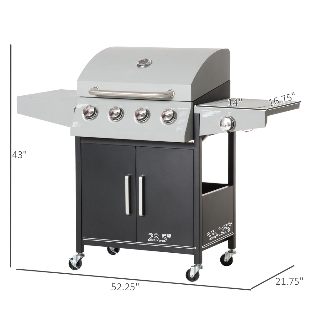 52" Barbecue Grill with Wheels 4+1 Burner Liquid Propane Gas Grill Outdoor Cabinet Style BBQ Trolley w/ Side Burner, Warming Rack, Storage Cabinet