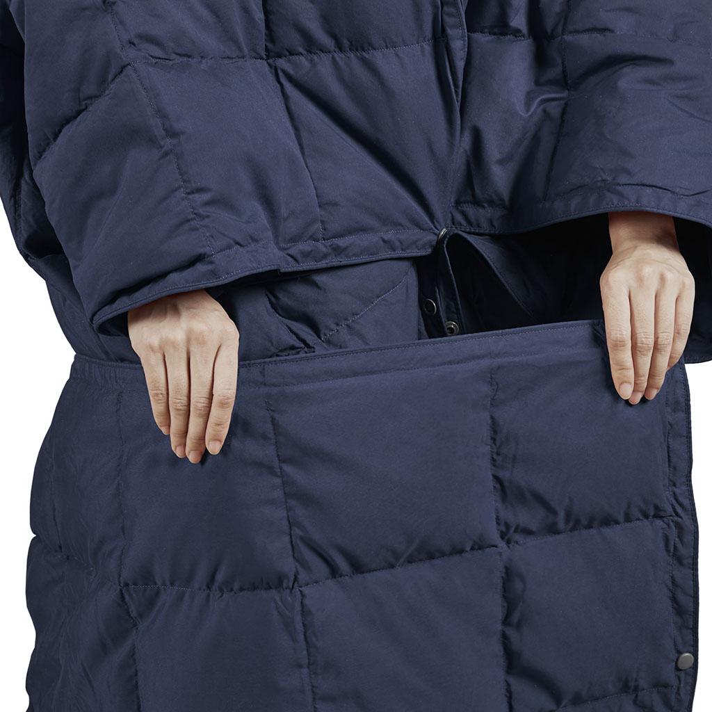Machine Washable Wearable Multipurpose Throw with Goose Feather, Down Filling, Water-Repellent Microfiber, 68" L x 62" W x 0.25" H, Indigo