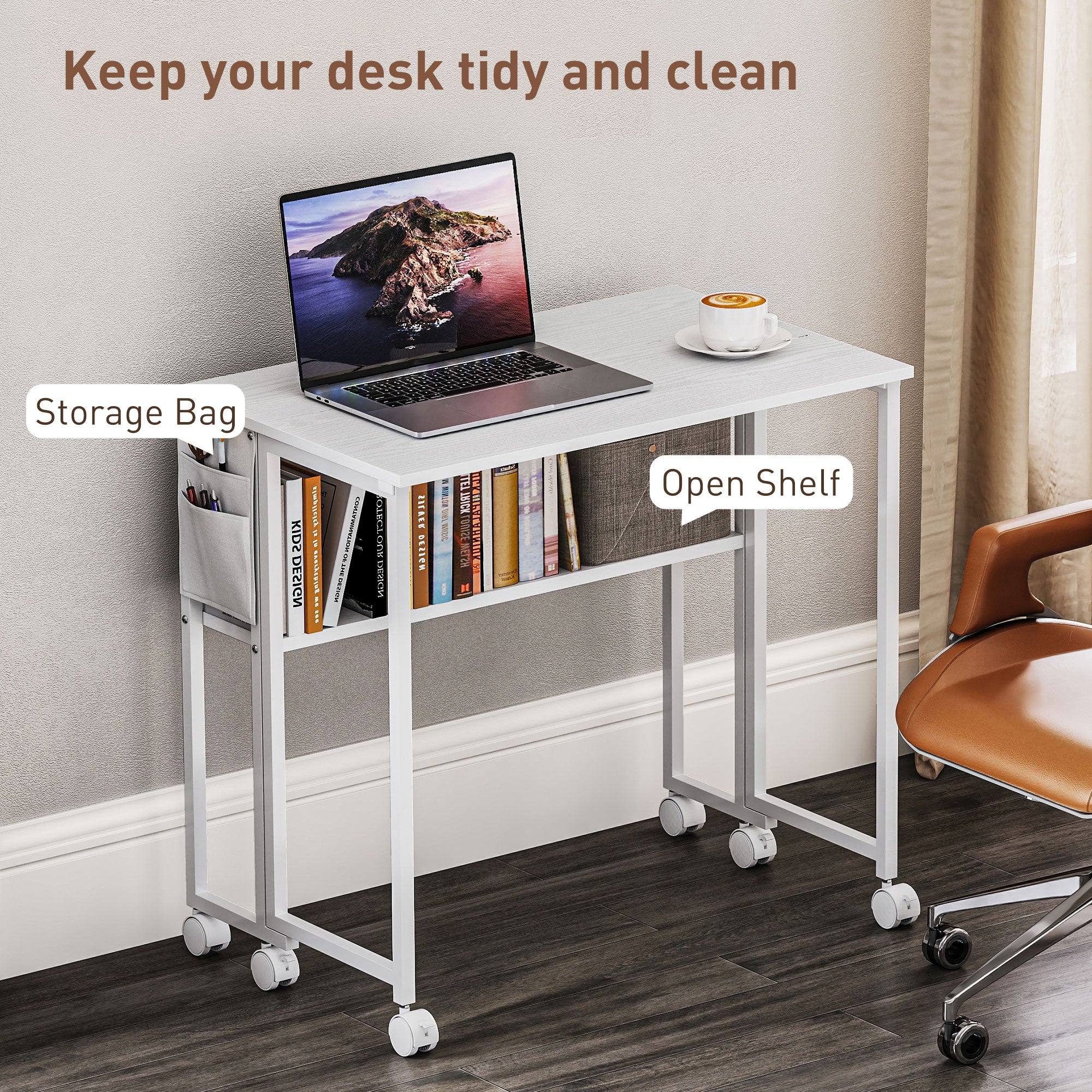 Folding Computer Desk, Foldable Desk with Storage Bag, Shelf and Wheels for Small Spaces, Home Office, White