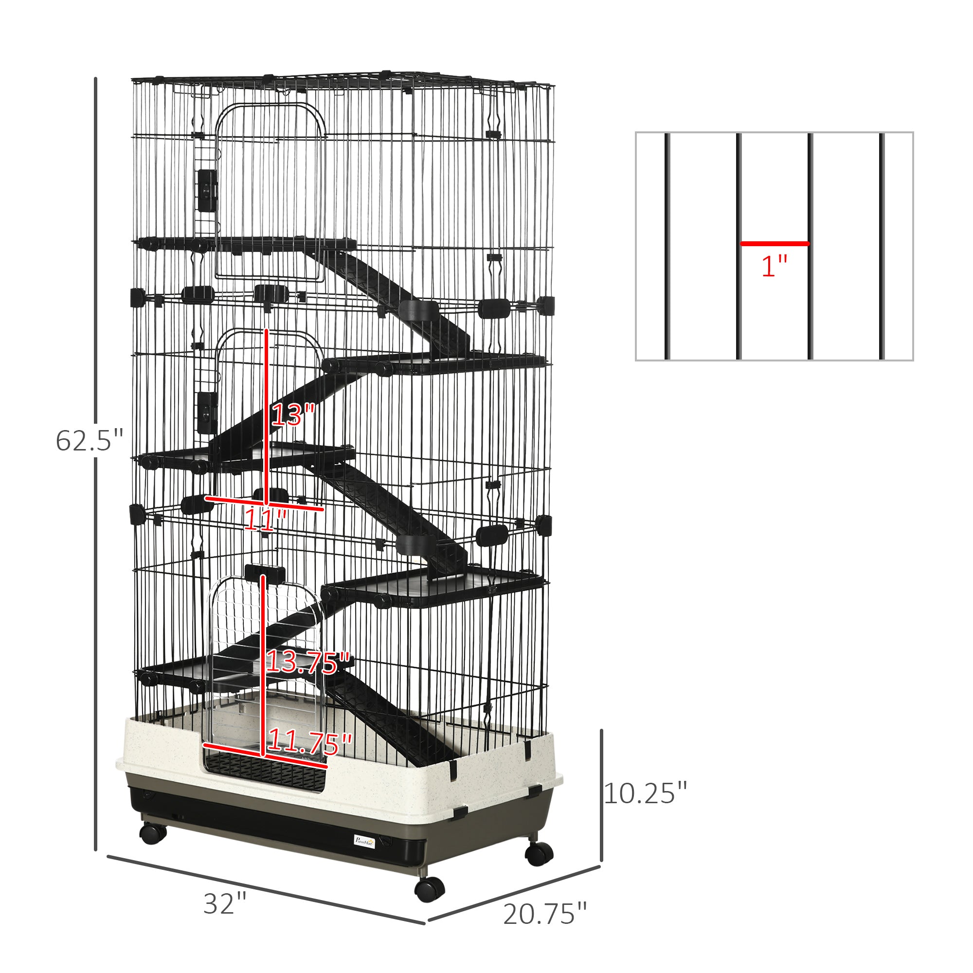 32"L 6-Level Small Animal Cage Rabbit Hutch with Universal Lockable Wheels, Slide-out Tray for Bunny, Chinchillas, Ferret, Black