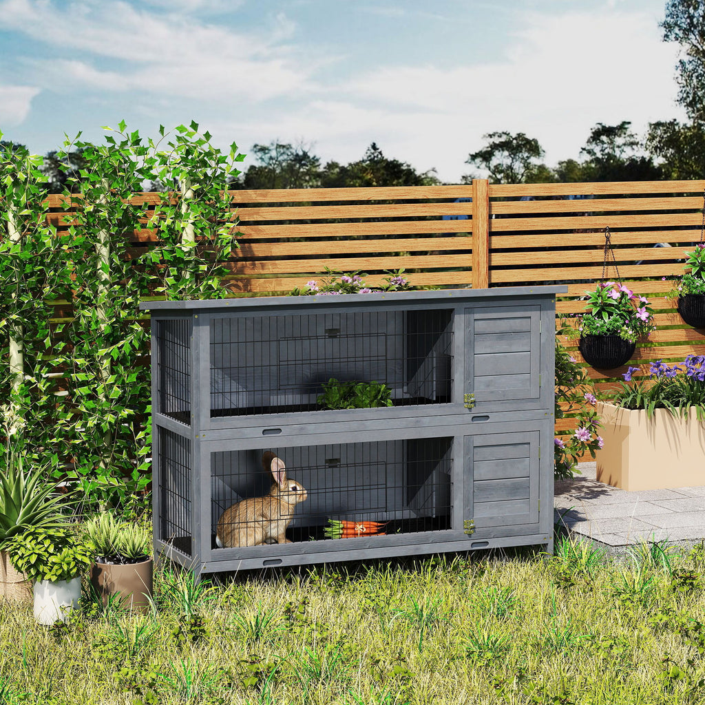 54" 2-Story Large Rabbit Hutch Bunny Cage Wooden Pet House Small Animal Habitat Lockable Doors, Tray, Roof, Gray