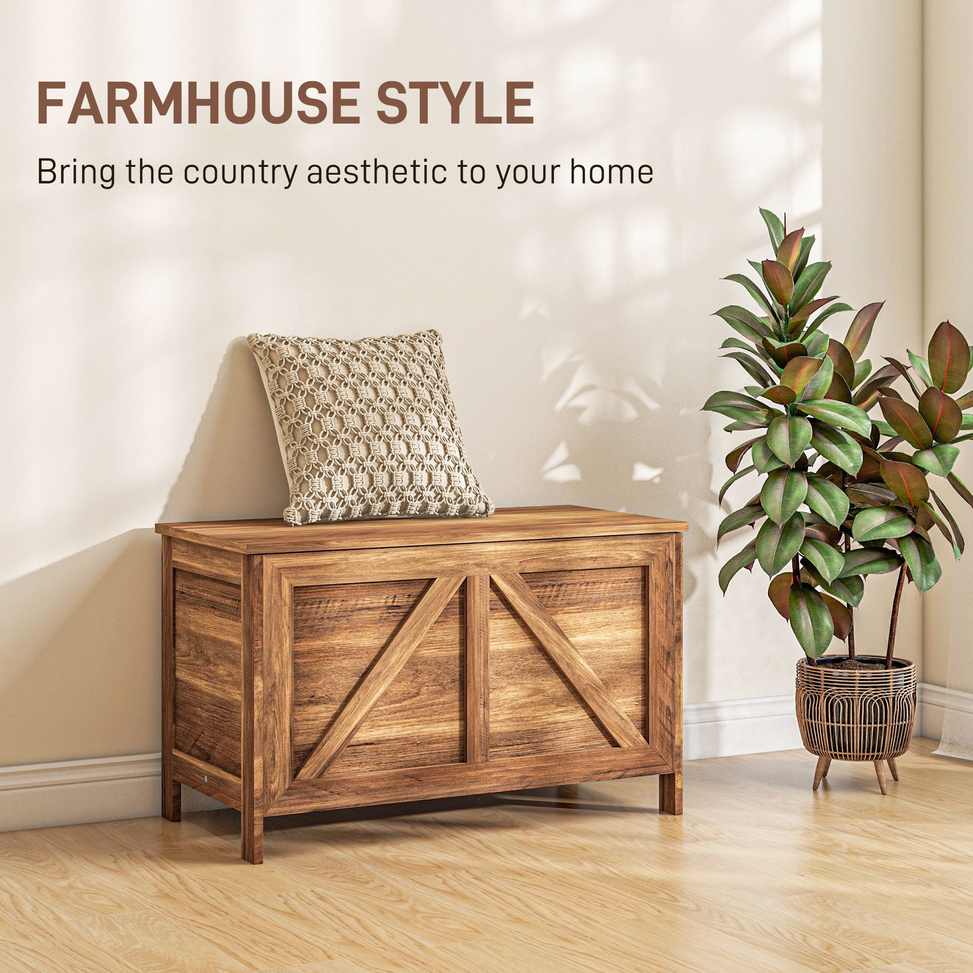 Storage Chest, Farmhouse Lift Top Box Organizer with Safety Hinge, for Bedroom, Entryway, Living Room, Brown Oak