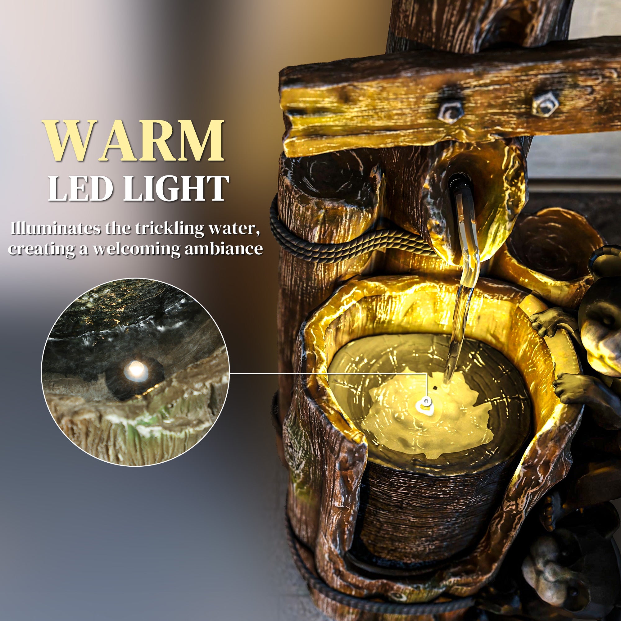 22.8" Water Fountain, 3-Tier Resin Bears on Log Outdoor Waterfall Fountain with LED Lights, Pump