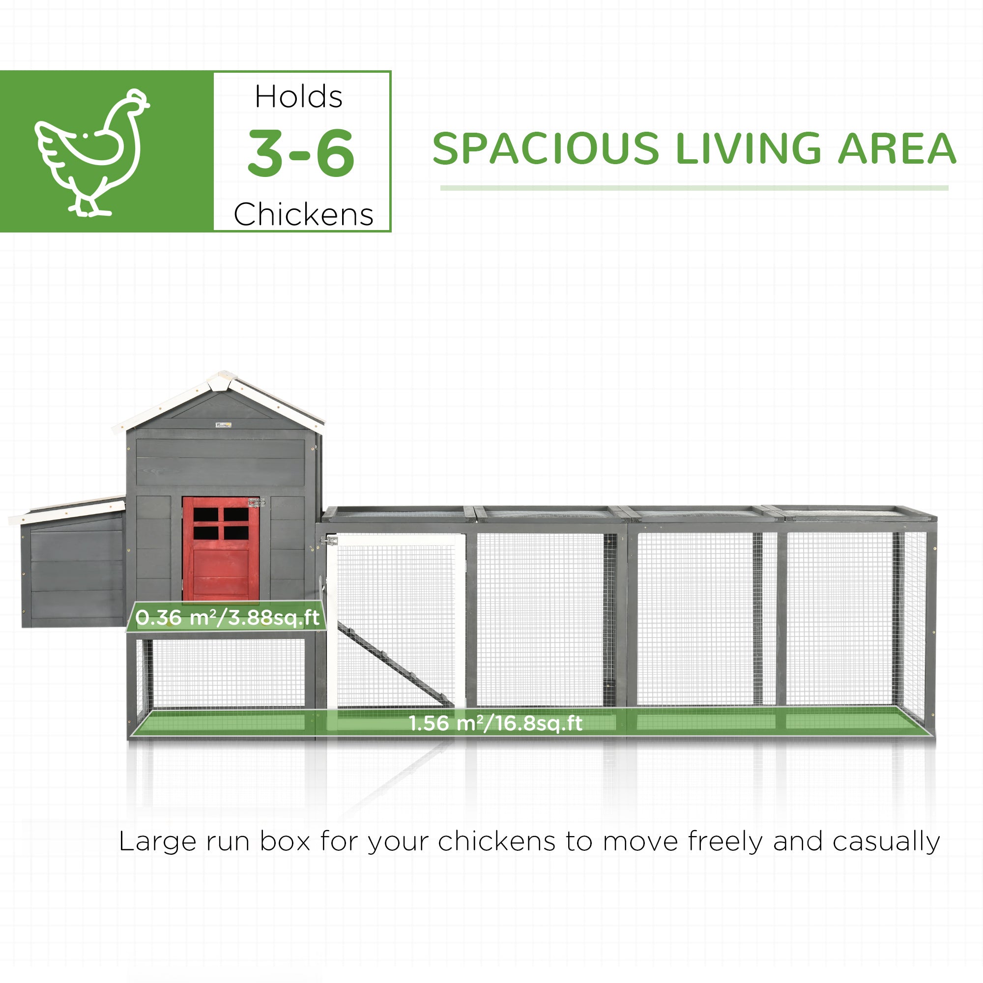 118" Extra Large Chicken Coop with Asphalt Roof, Wooden Hen Run with Slide-Out Tray and Nesting Box, Chicken Hutch for 3-6 Chickens, Gray