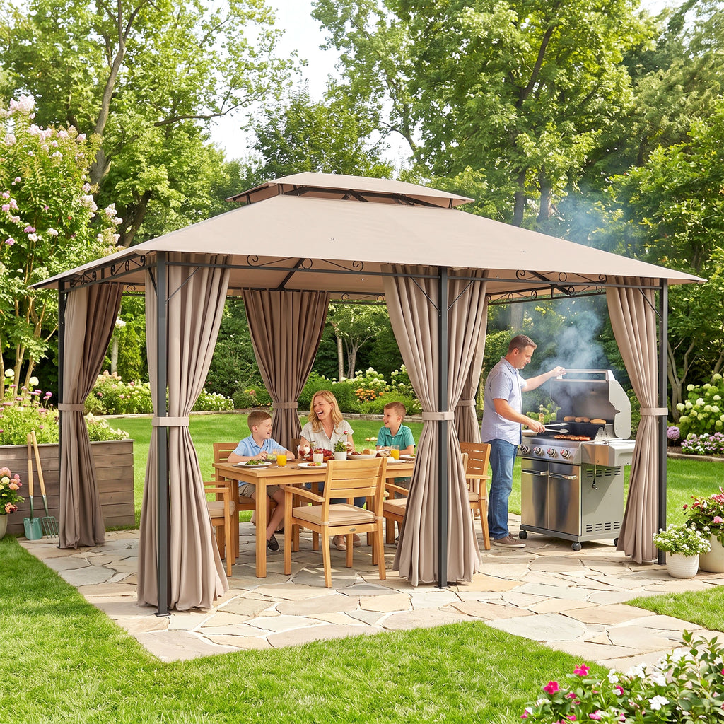 10' x 13' Patio Gazebo, Outdoor Gazebo Canopy Shelter with Curtains, Vented Roof, Steel Frame for Garden, Lawn, Backyard and Deck, Khaki