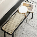 Modern Solid Oak Wood Bench with Handwoven Rattan Seat, Versatile Dining Stool with Sturdy Rounded Legs, 39.5″ L x 11″ W x 17″ H, Black