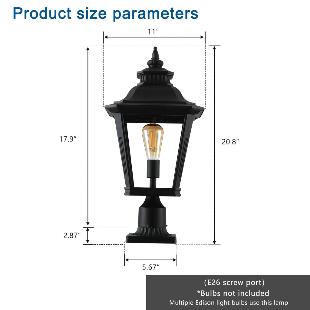 Outdoor Post Lantern Light with Pathway Lighting, Vintage Metal, Clear Glass Pillar Lamp for Garden, Gate, Driveway, 11" L x 11" W x 21" H, Black