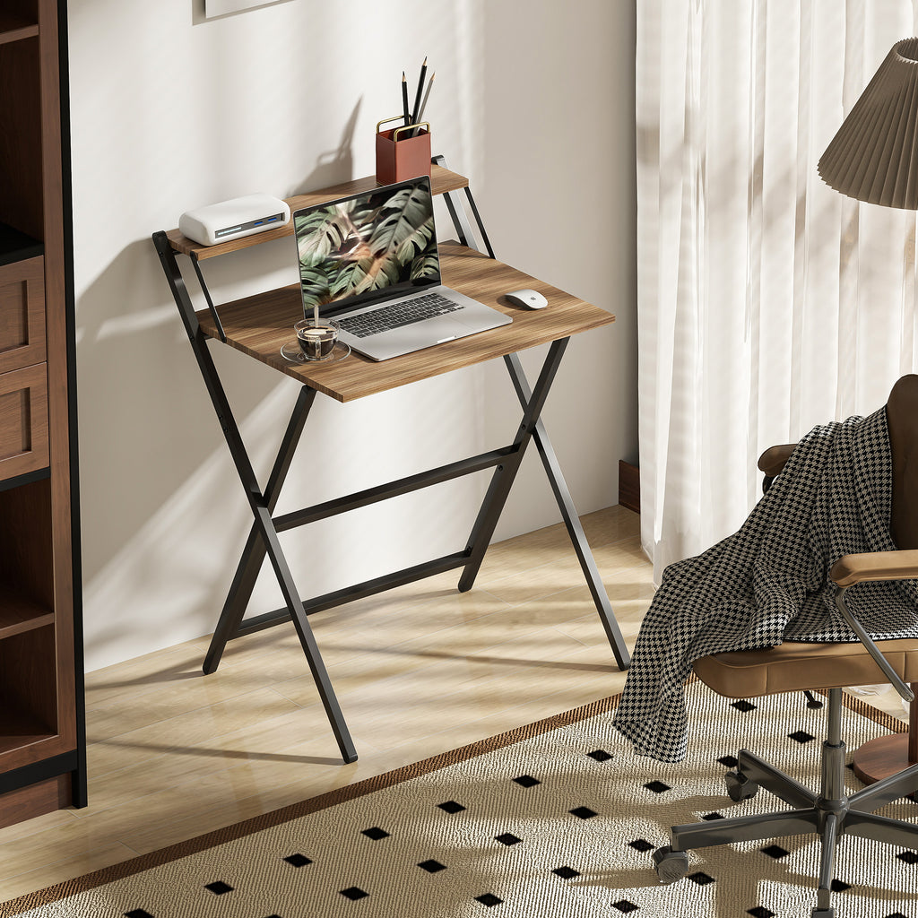 Folding Computer Desk, 27.6" Foldable Desk with Monitor Shelf for Small Space, Home Office, Study, Easy Assembly, Walnut