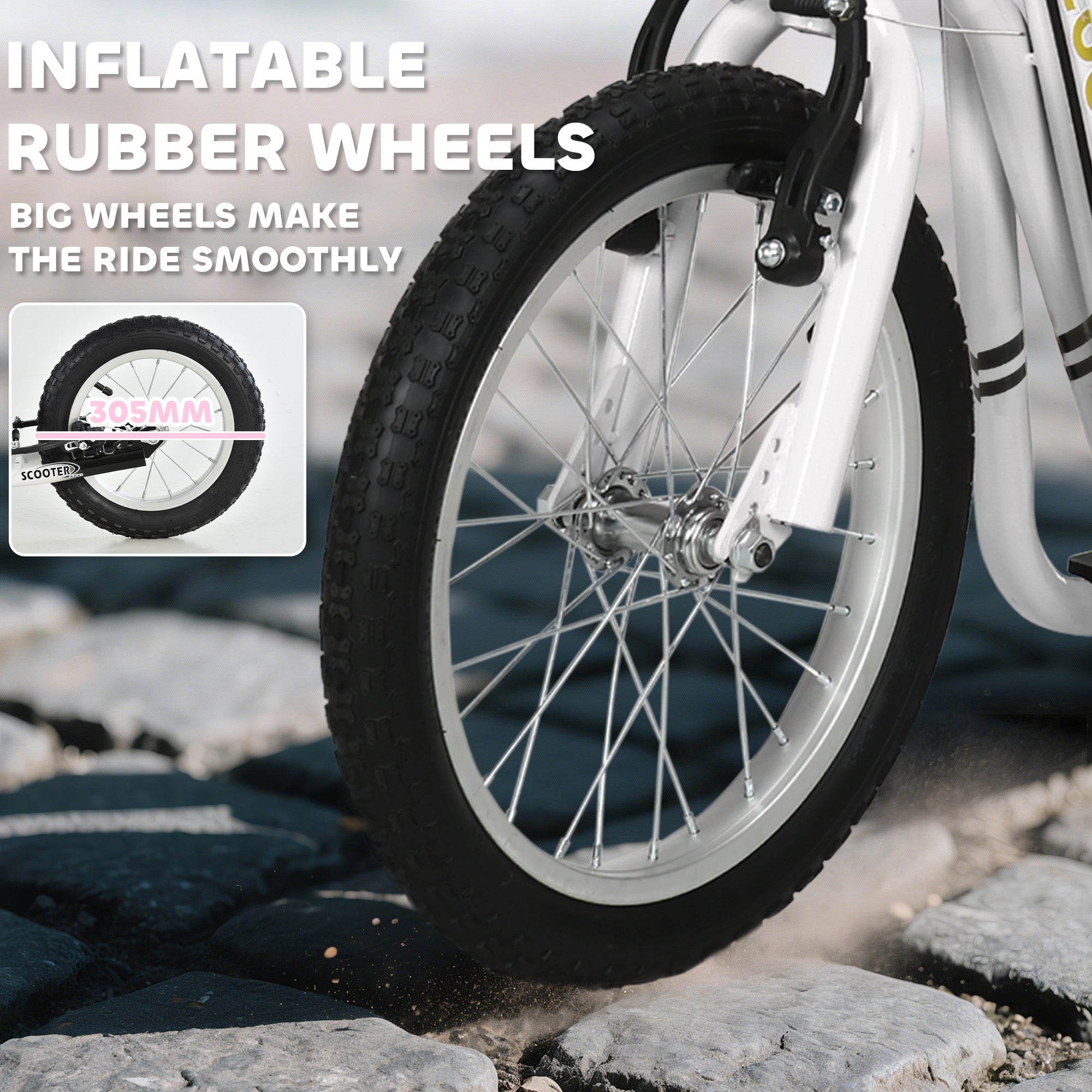 Youth Scooter Front and Rear Caliper Dual Brakes 12-Inch Inflatable Front Wheel Ride On Toy For Age 5+ - White