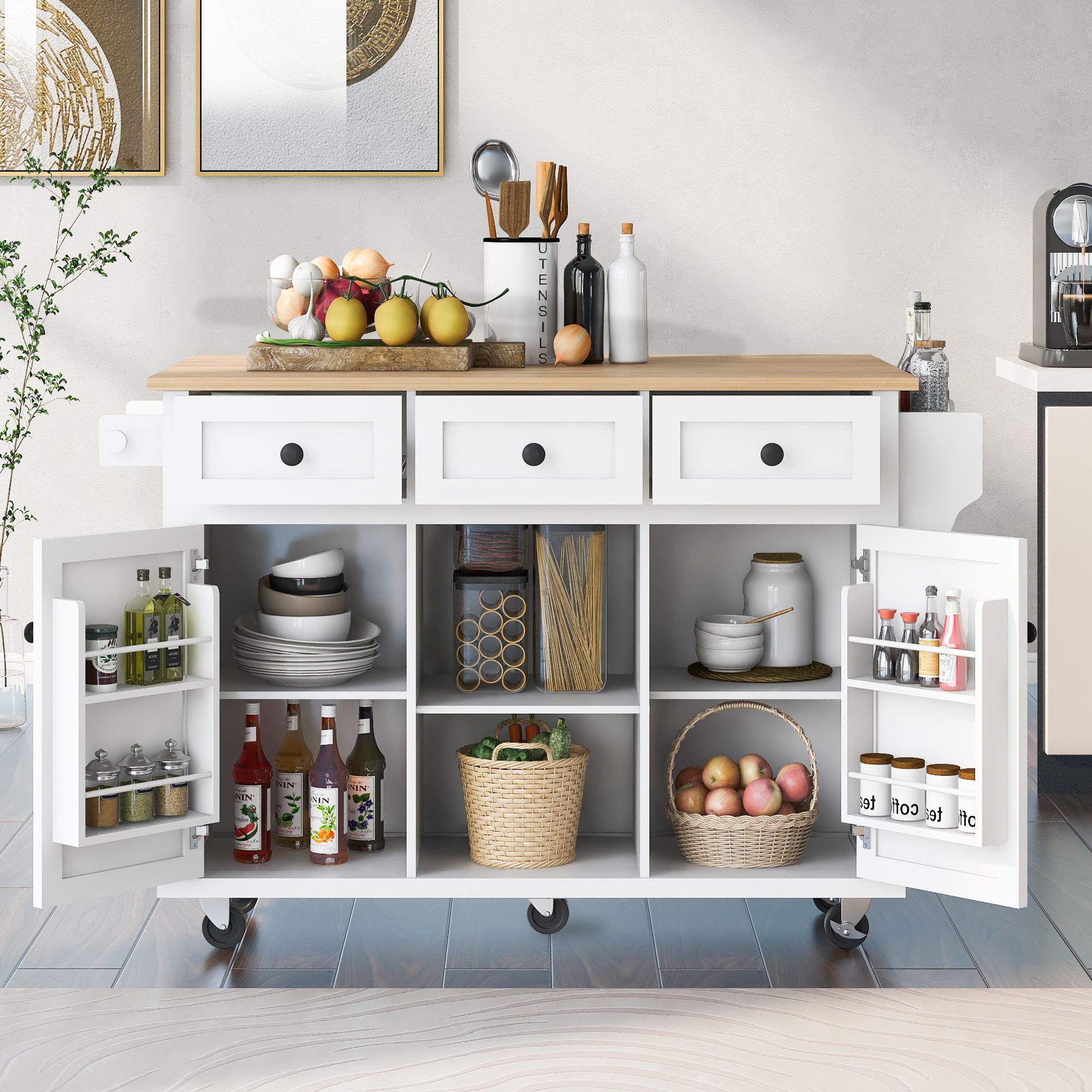 Kitchen Cart with 5 Wheels, 3 Drawers, Storage Cabinet, Central Island with Rubberwood Drop-Leaf Countertop, 53" L x 29.5" W x 37" H, White