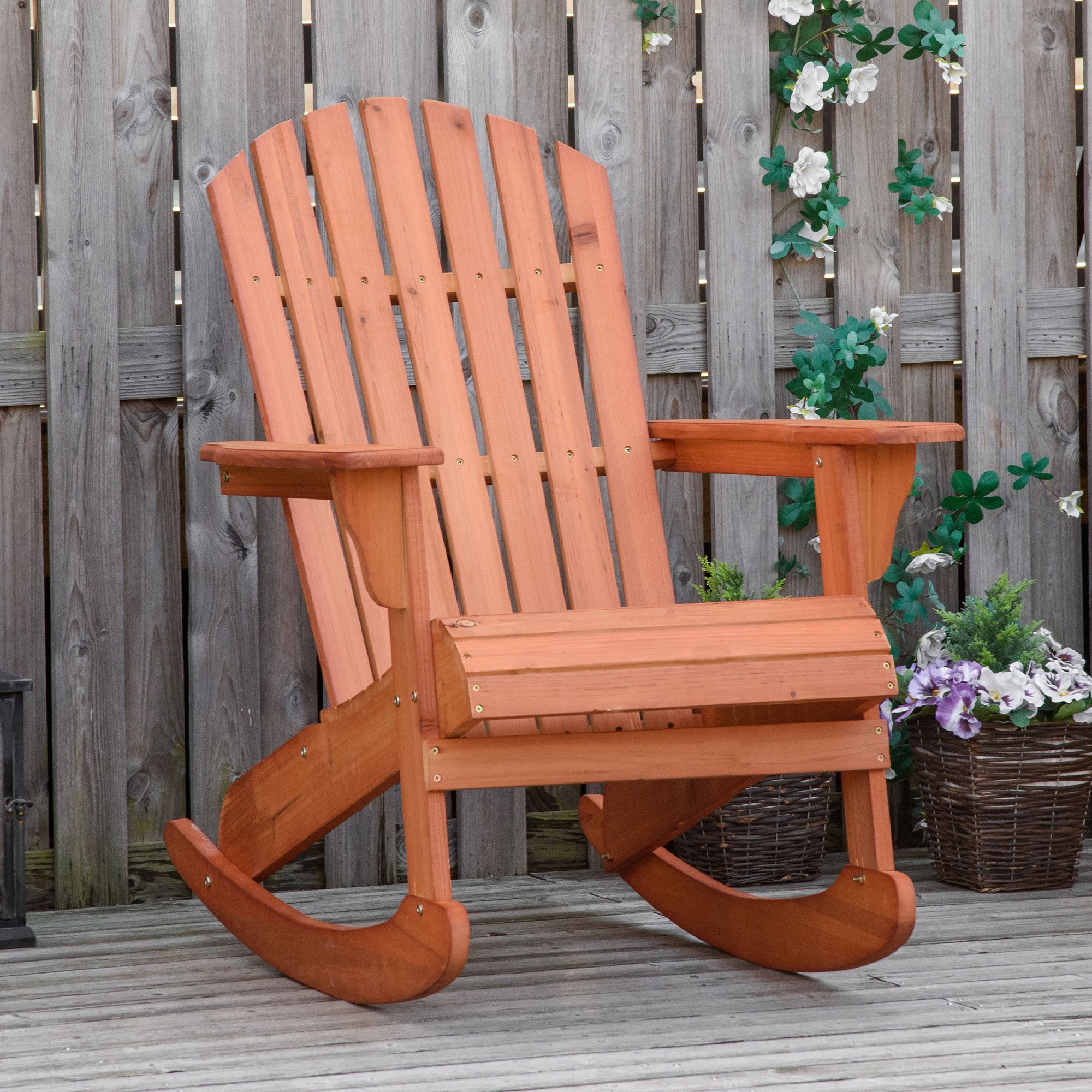 Adirondack Rocking Chair, with Slatted Wooden Design, Fanned Back, Ergonomic Armrests, & Classic Rustic Style, For Porch, Patio, Backyard, Teak