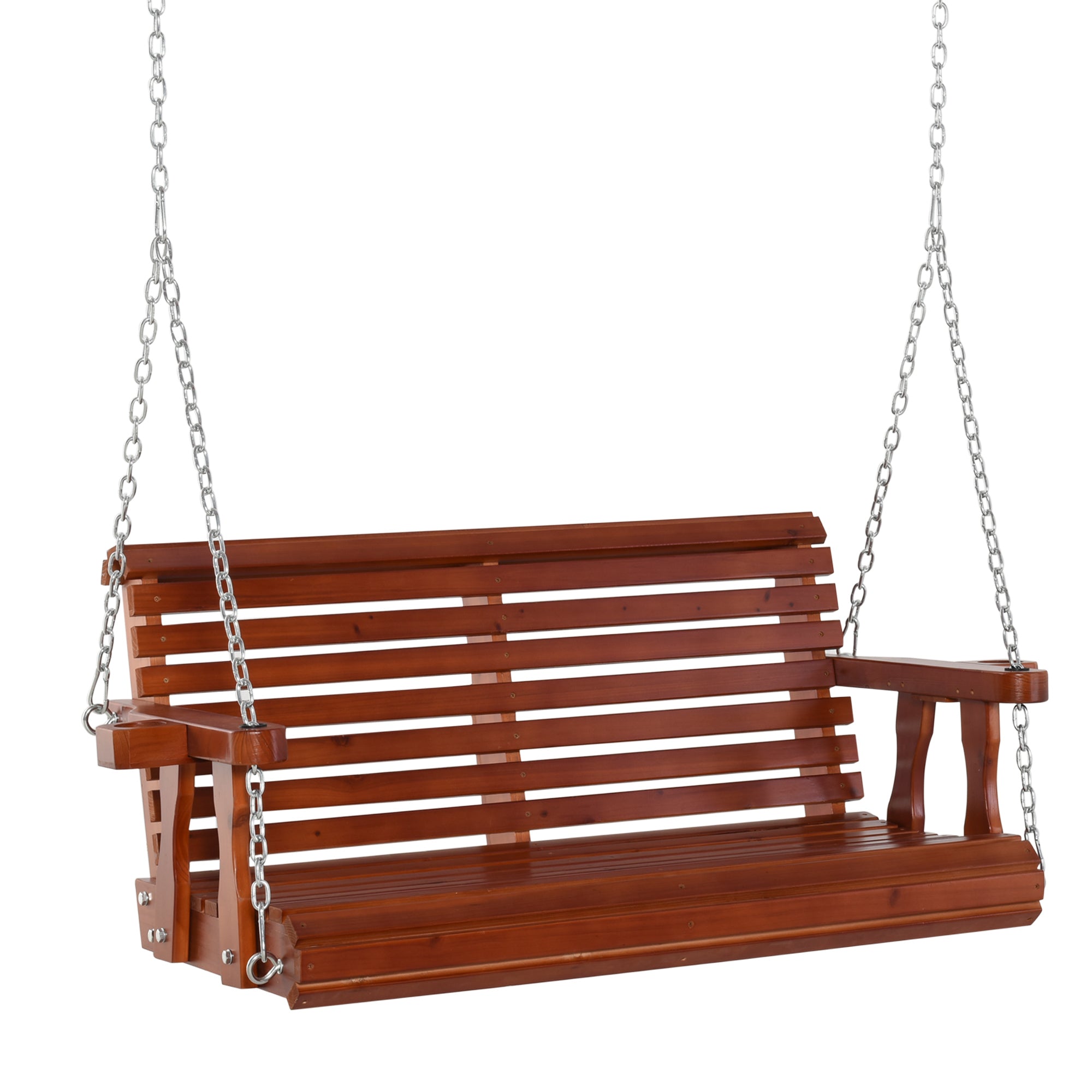 Porch Swing with Chains and Cupholders, 2 Person Wooden Patio Swing Chair, 440 lbs. Weight Capacity, for Garden, Poolside, Backyard, Brown