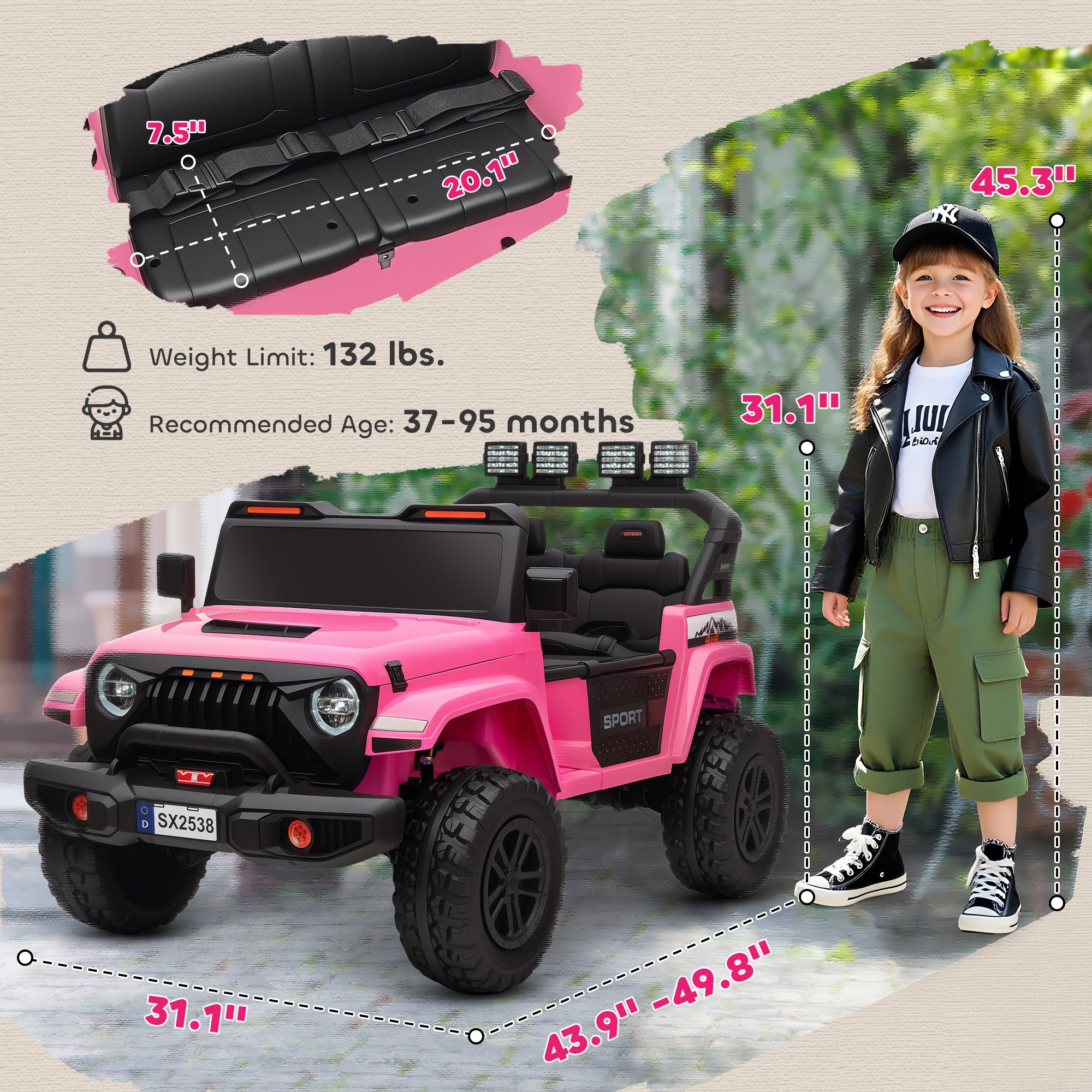 Ride on Truck Car with 2-Seater, 24V Electric Car with 4 Motors, Remote Control, Spring Suspension for 3-8 Years, Pink