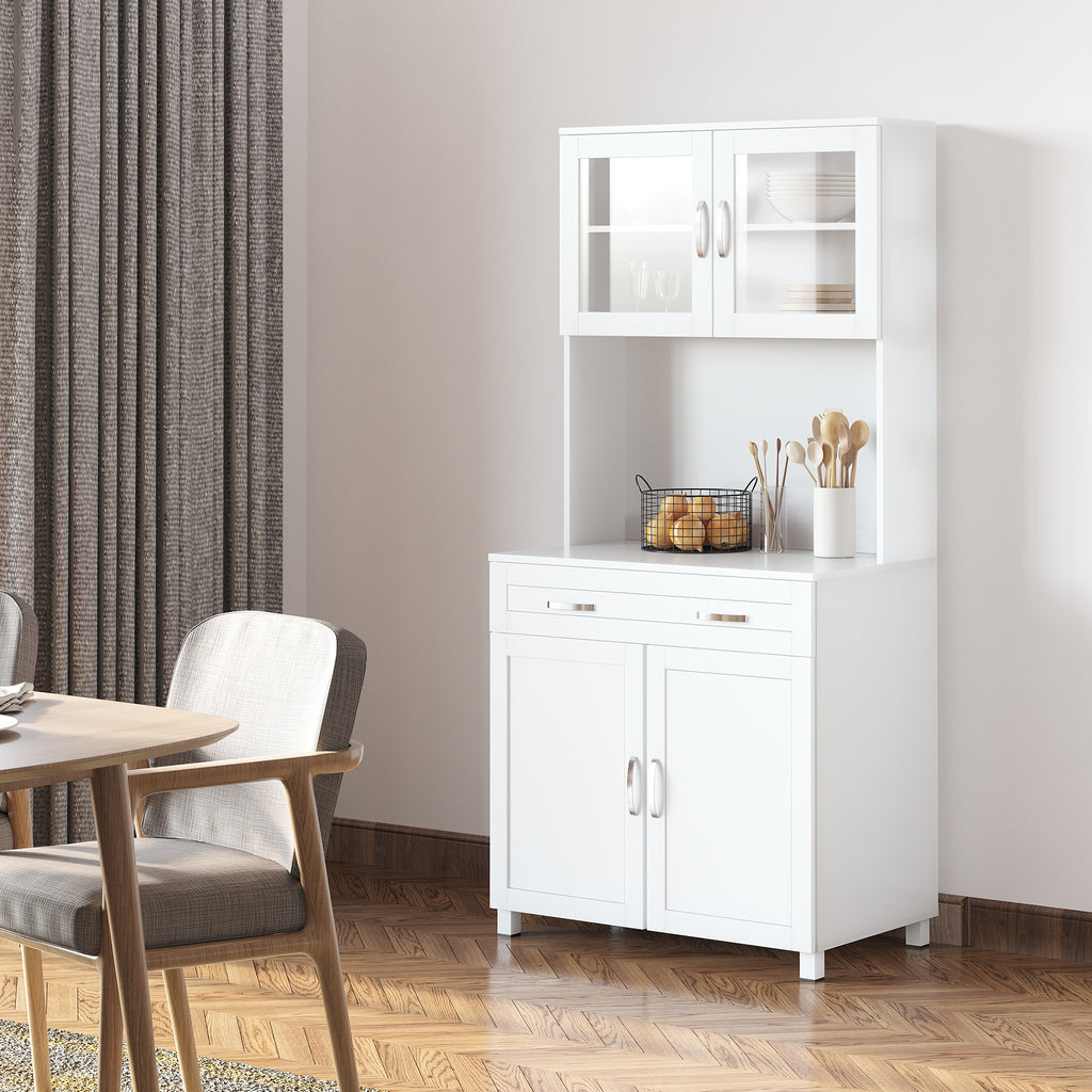 67" Buffet with Hutch, Modern Kitchen Pantry, Freestanding Storage Cabinet with Framed Glass Doors, Shelves and Drawers, White