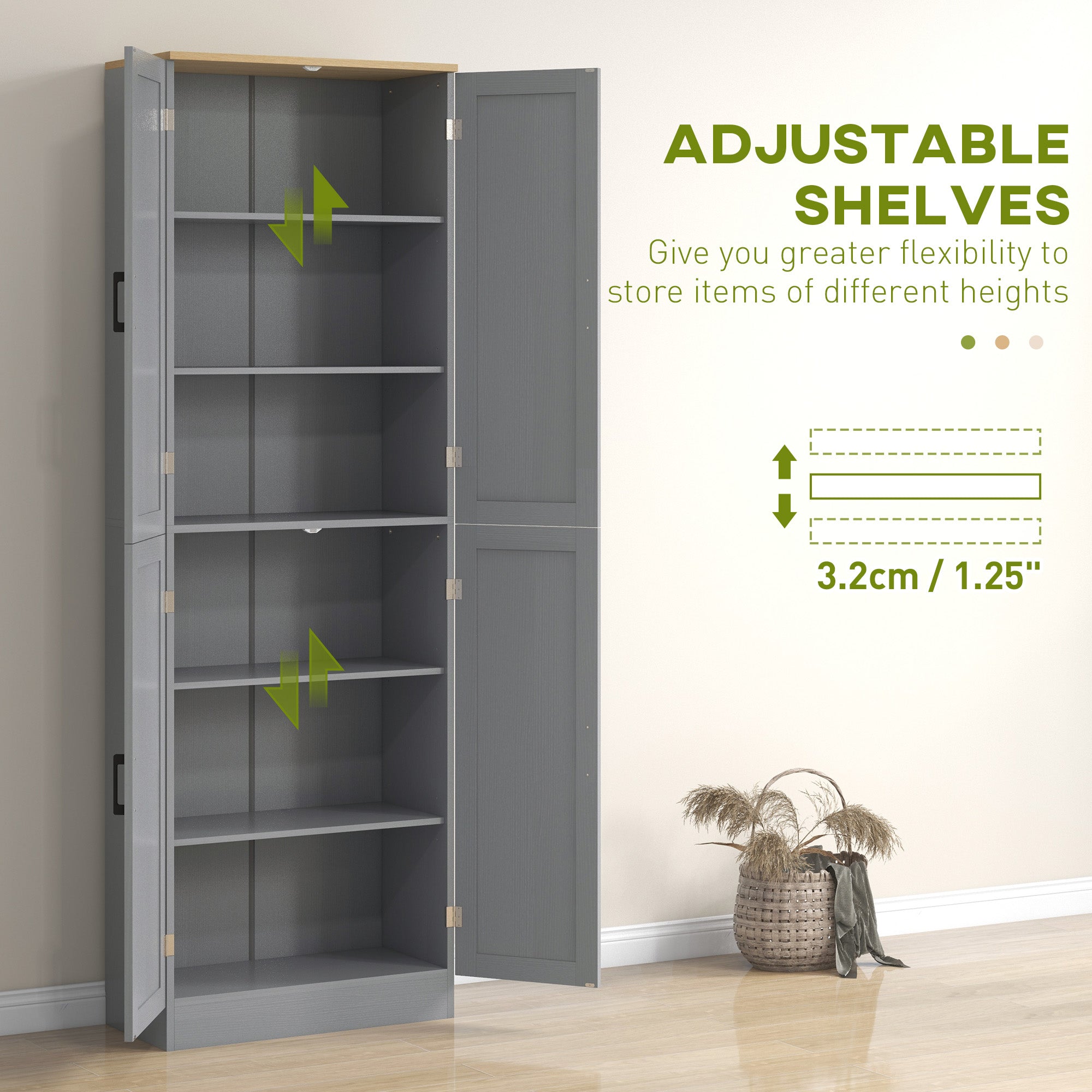 Freestanding Kitchen Pantry, 4-Door Kitchen Pantry Cabinet with Adjustable Shelves and Doors, Distressed White