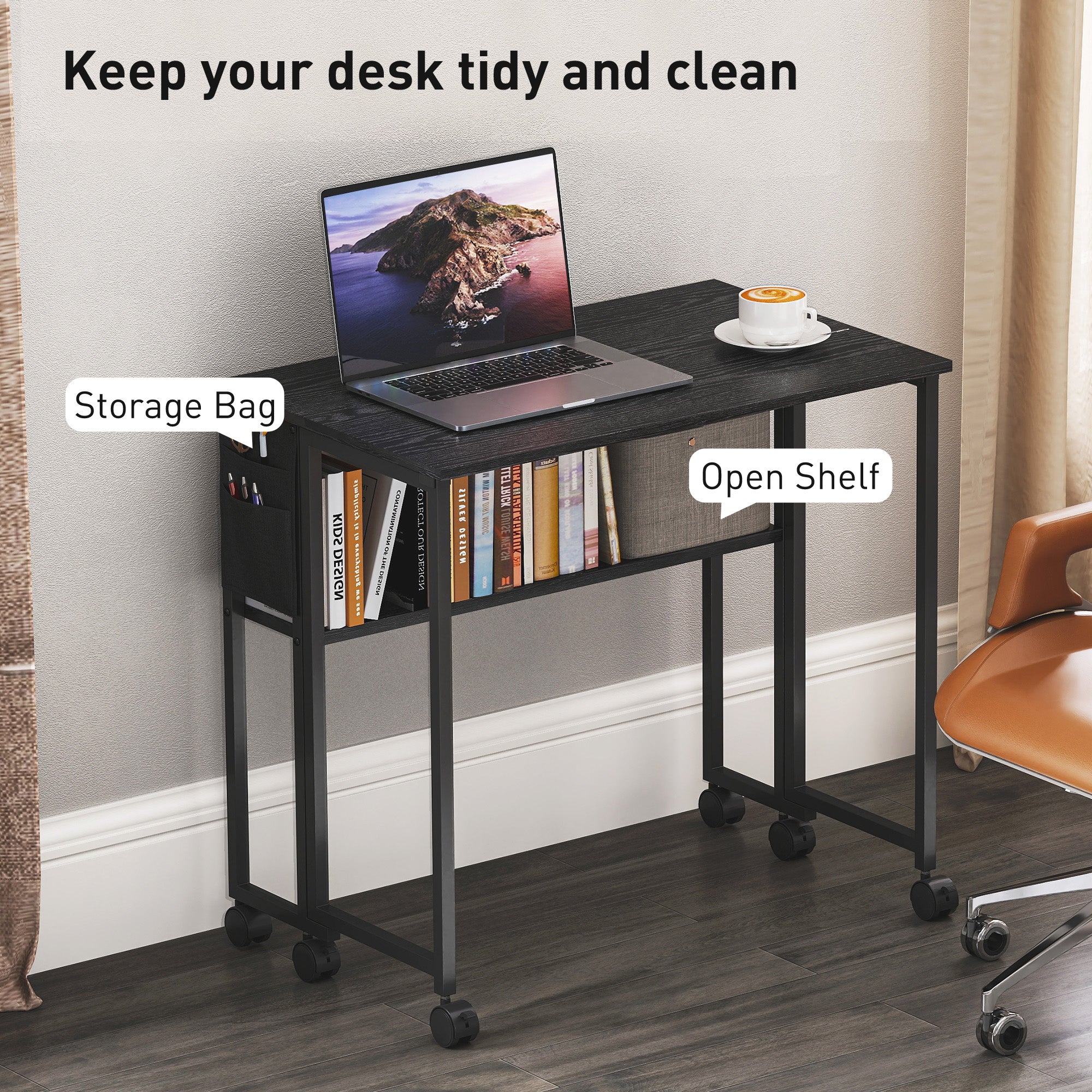 Folding Computer Desk, Foldable Desk with Storage Bag, Shelf and Wheels for Small Spaces, Home Office, Black