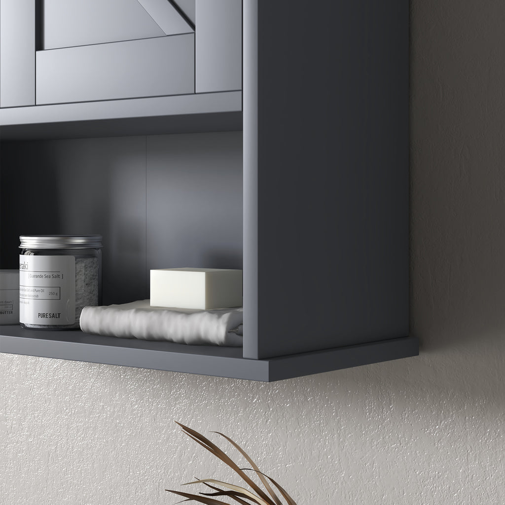 Farmhouse Bathroom Medicine Cabinet, Wall Cabinet with Barn Doors and Adjustable Shelf for Laundry Room, Gray