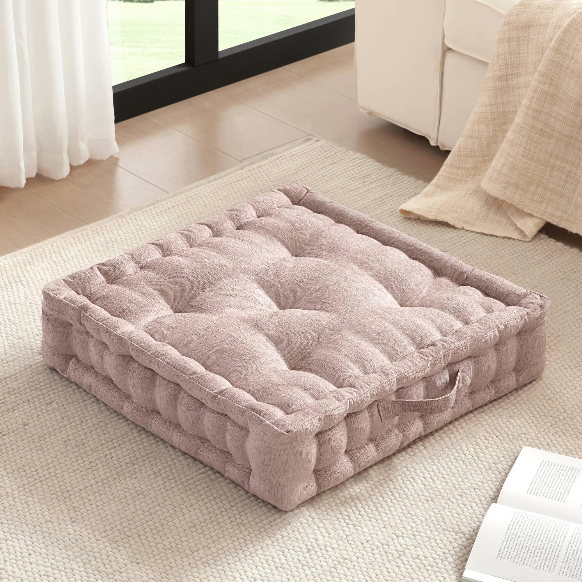 Textured Poly Chenille Square Floor Pillow Cushion with Hypoallergenic Polyester, Tufted Detailing, Scalloped Edge, 24" L x 24" W x 5" H, Blush