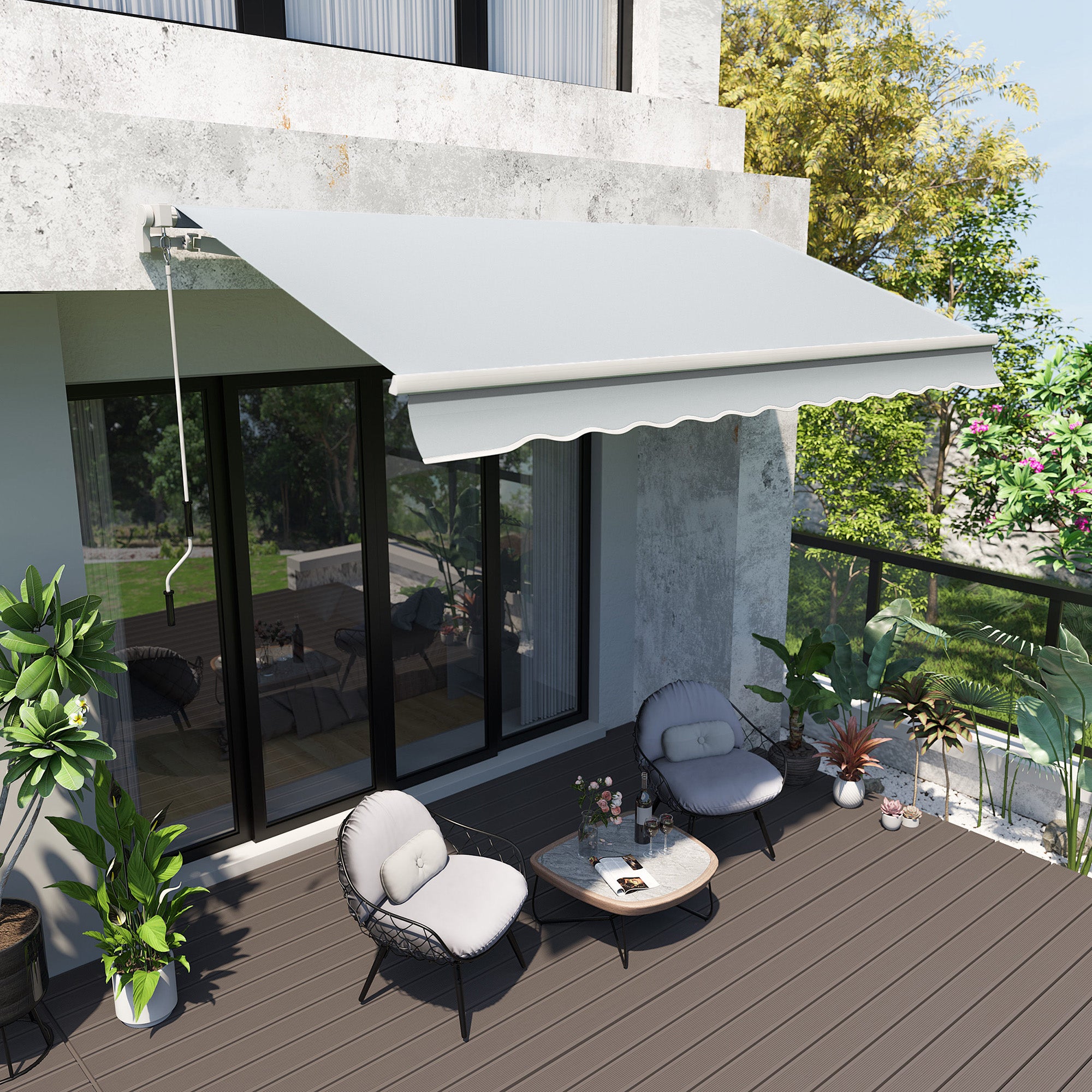 12' x 8' Retractable Awning Patio Awnings Sun Shade Shelter with Manual Crank Handle, 280g/m² UV & Water-Resistant Fabric and Aluminum Frame for Deck, Balcony, Yard, Light gray
