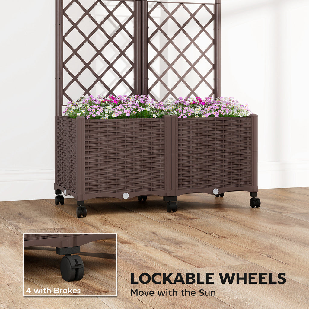 Planter Box with Trellis, Self Watering Raised Garden Bed with Lockable Wheels and Drainage Holes, Brown