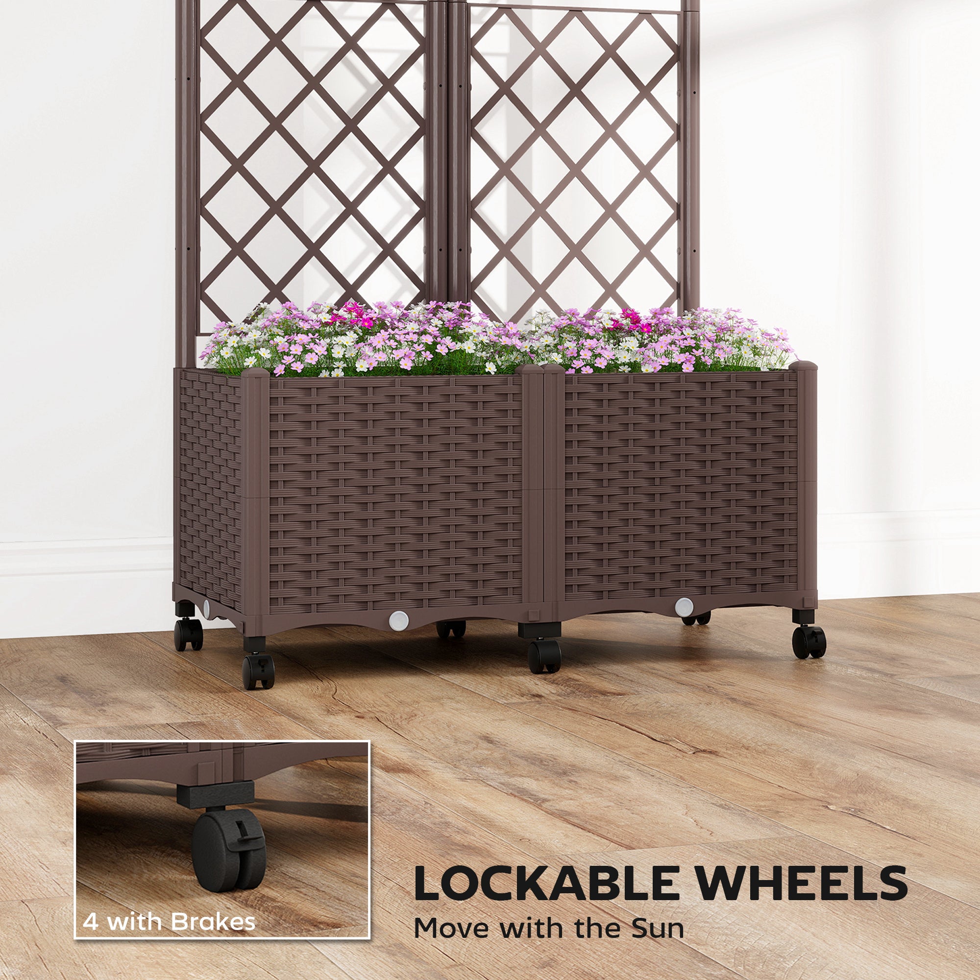 Planter Box with Trellis, Self Watering Raised Garden Bed with Lockable Wheels and Drainage Holes, Brown