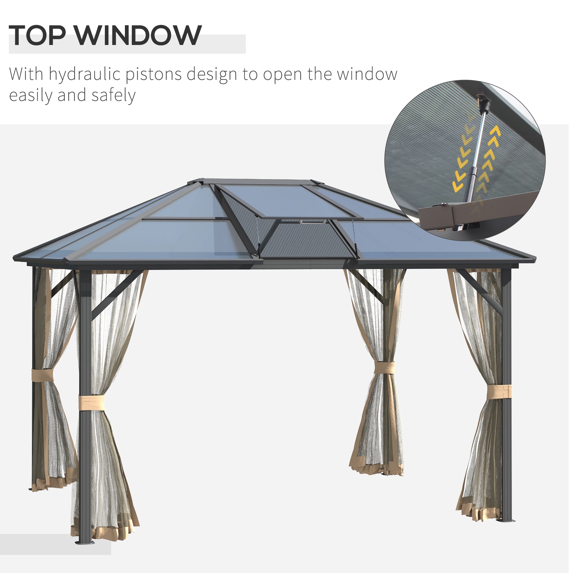 10' x 12' Hardtop Gazebo Canopy with Polycarbonate Roof, Aluminum Frame, Permanent Pavilion Outdoor Gazebo with Netting, for Patio, Garden, Backyard, Deck, Lawn, Gray, Brown