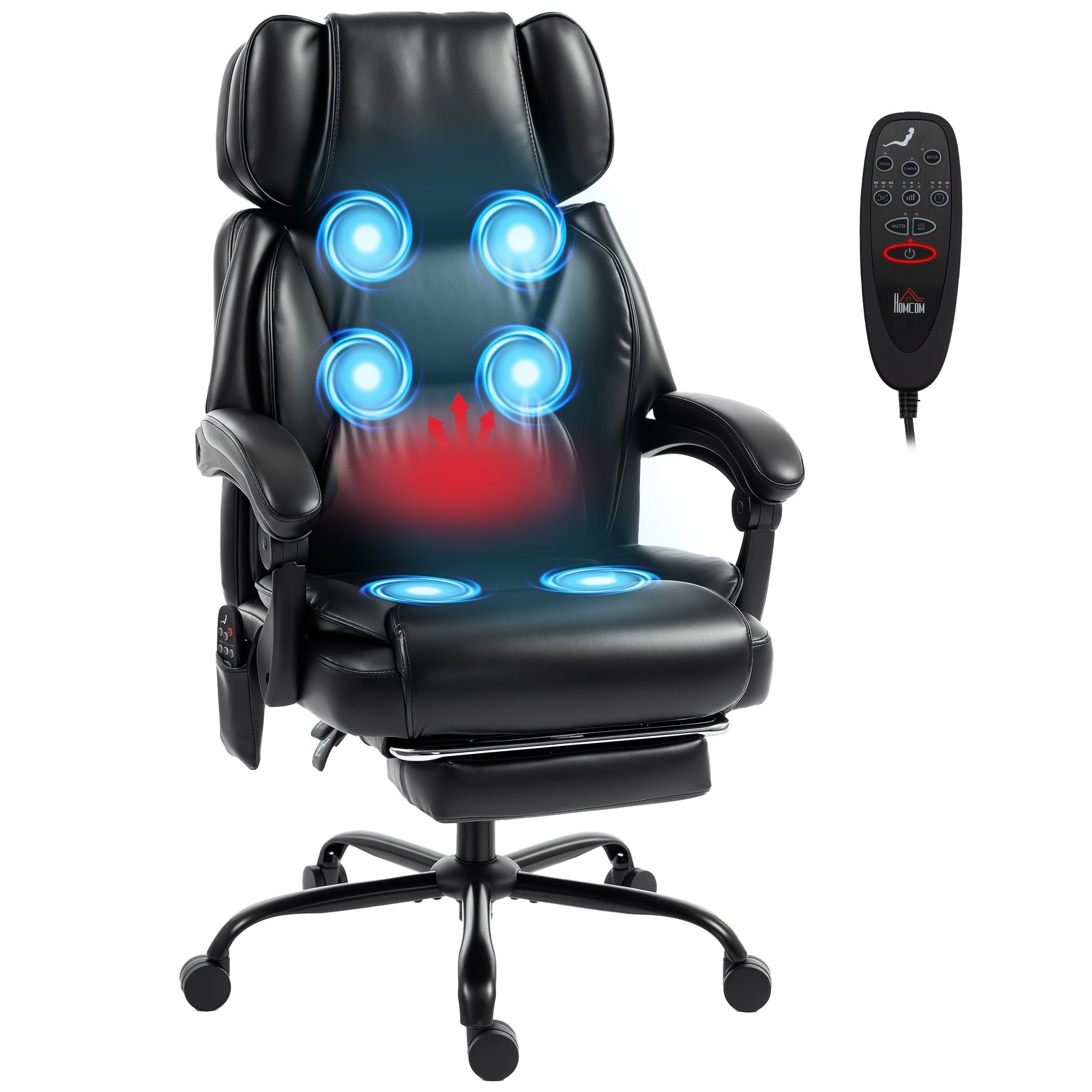 High Back Vibration Massage Office Chair Heated Reclining Computer Chair w/ Footrest, Swivel Wheels, Remote, Black
