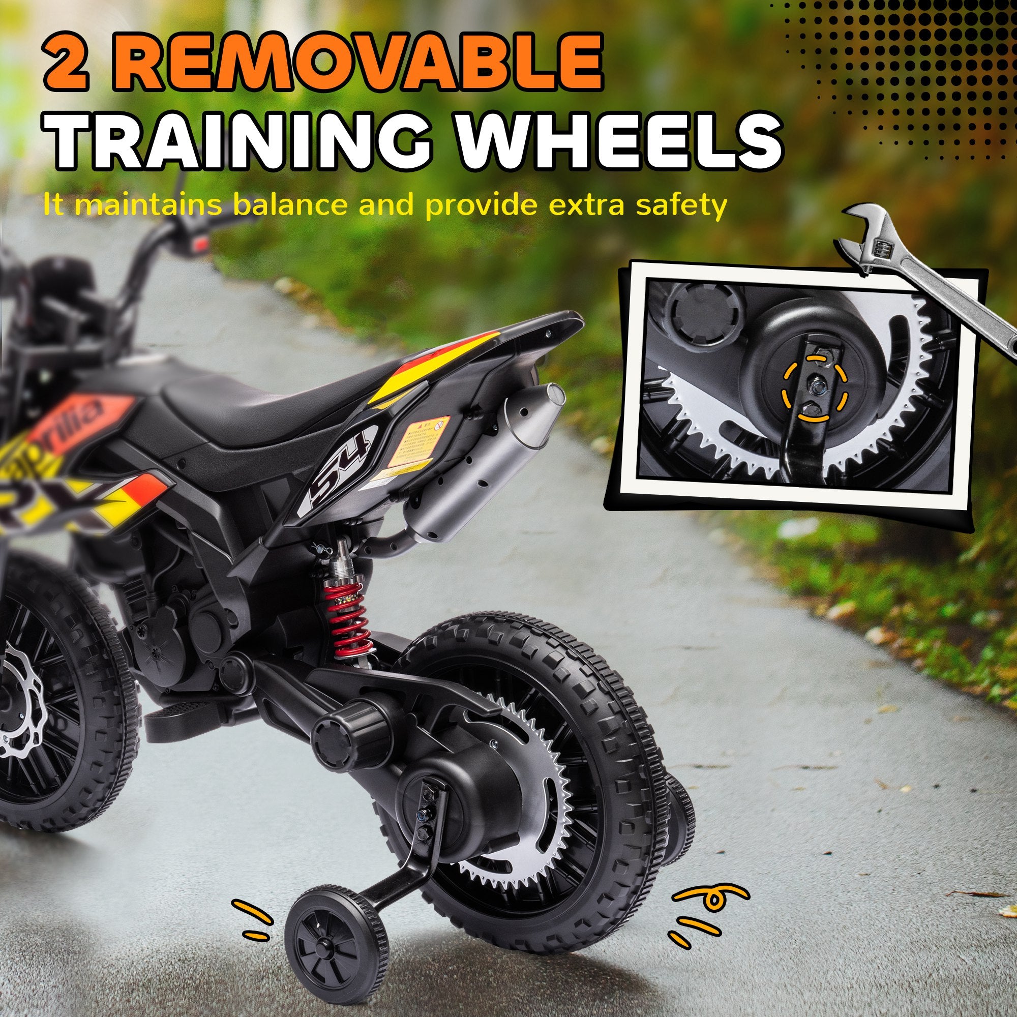 12V Aprilia Licenced Kids Motorcycle with Training Wheels, Spring Suspension, LED Light, USB, Music, Yellow