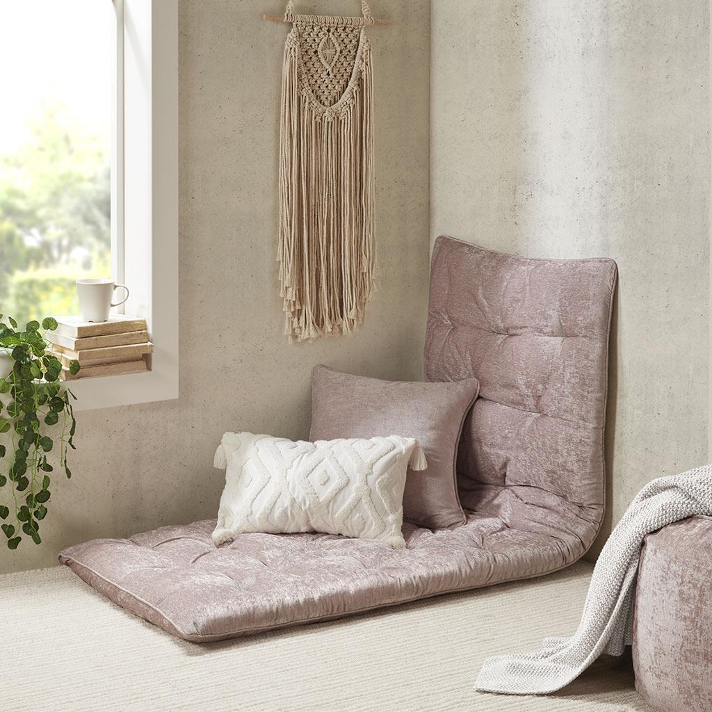 Poly Chenille Floor Pillow Cushion with Tufted Detailing, Travel Wrap, Lightweight Long Lounger for Reading, Relaxing, 74" L x 27" W x 3" H, Blush