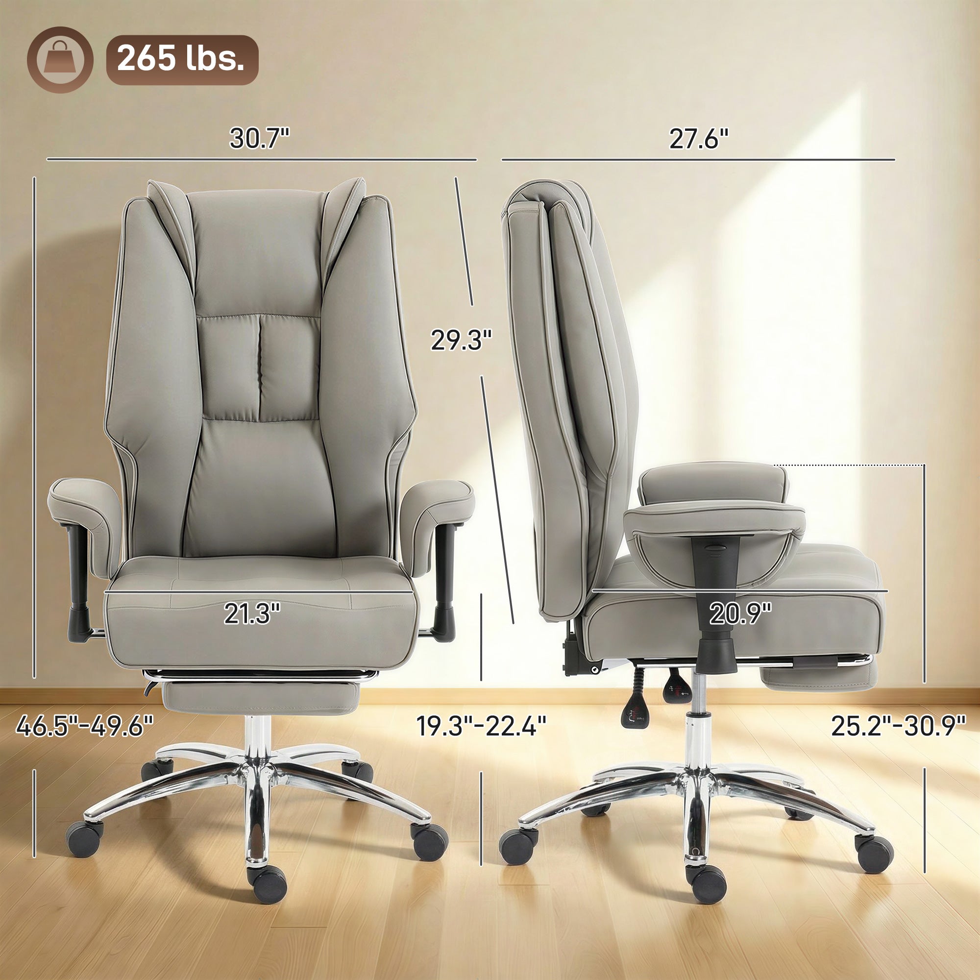 Ergonomic Office Chair, High Back Reclining Desk Chair with Adjustable Armrests, Pet Friendly Faux Leather, Light Gray
