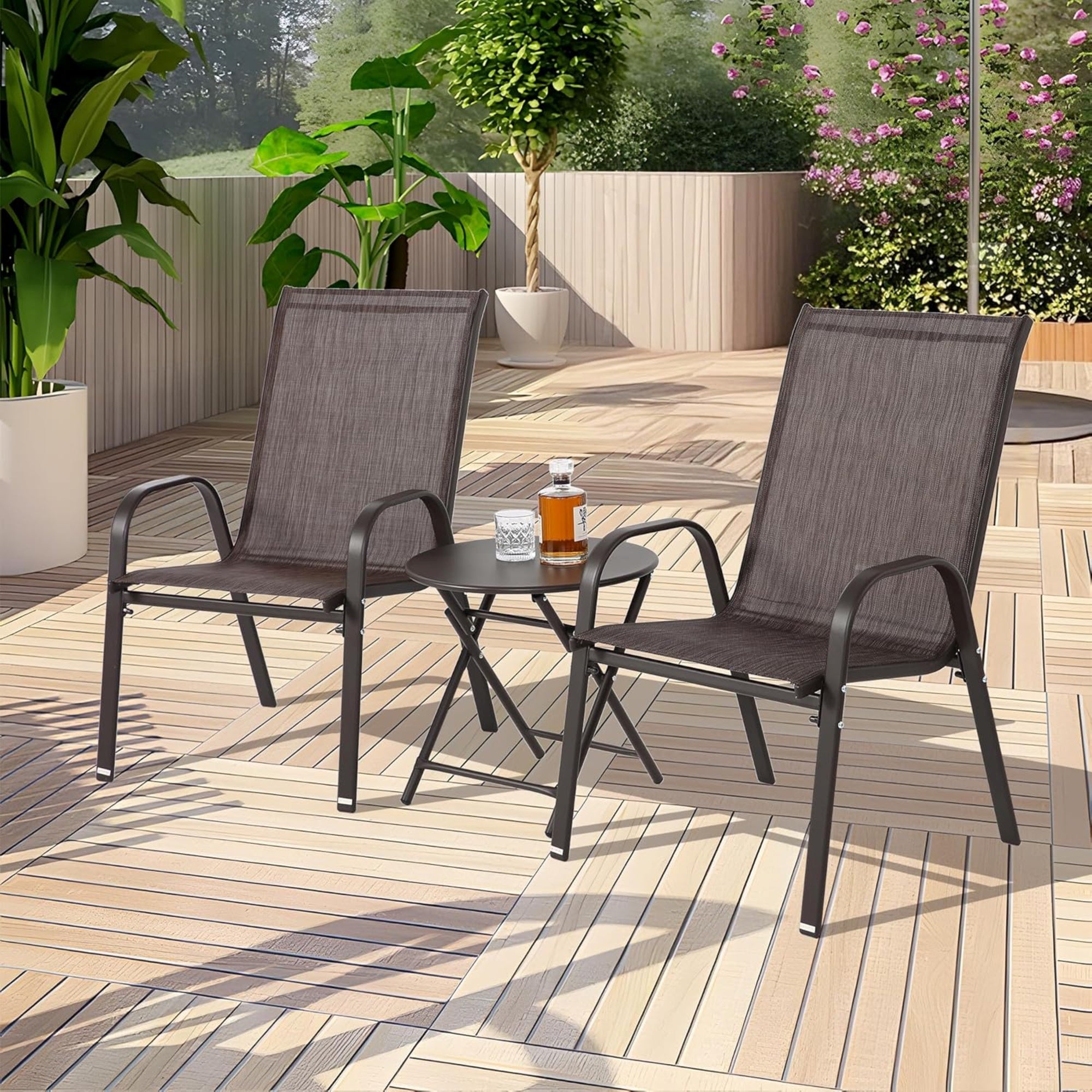 4-Piece Patio Chairs Set with Breathable Textilene Fabric, Armrests and Backrest, Camping Chairs for Garden, Pool, 24.5" L x 24.5" W x 38" H, Brown