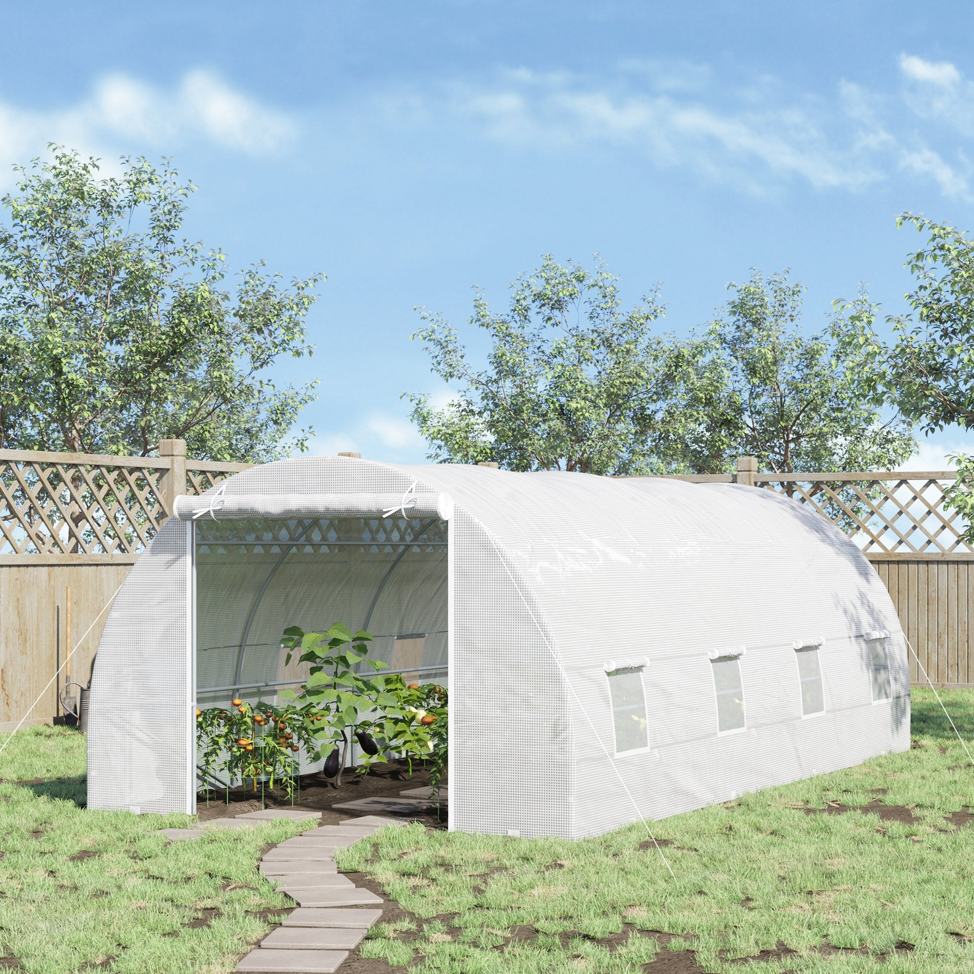 20' x 10' x 7' Walk-In Tunnel Greenhouse with Zippered Door & 8 Mesh Windows, Large Garden Green House Kit, Galvanized Steel Frame, White