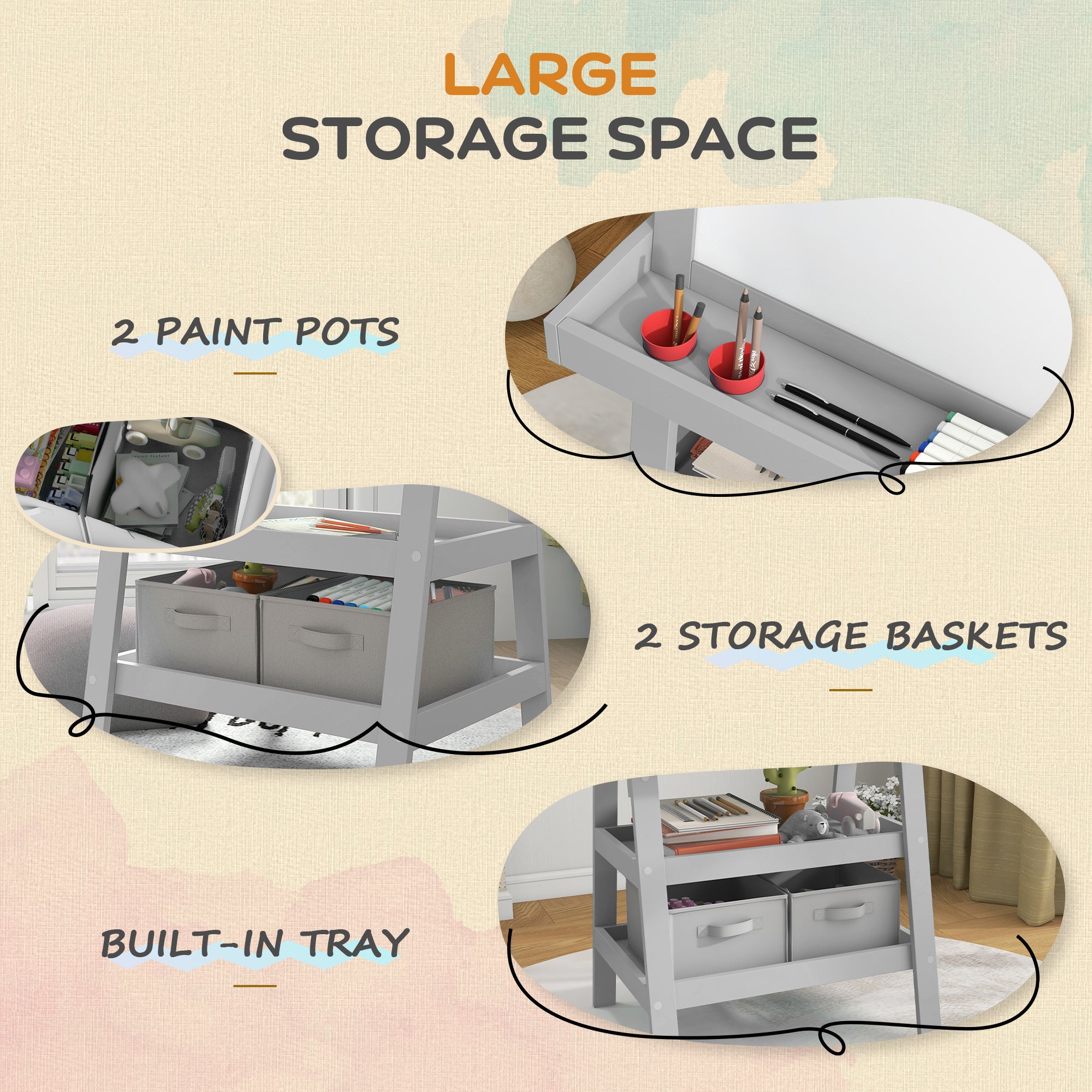 Double Sided Easel for Kids, Standing Toddler Easel with Paper Roll, Magnetic Whiteboard, Chalkboard & Storage, Gray