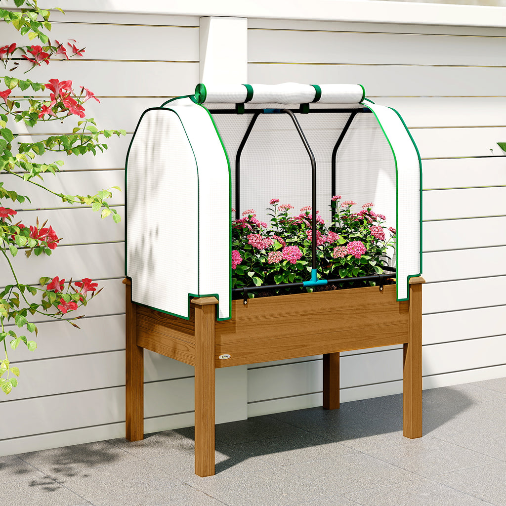Raised Garden Bed with PE Greenhouse Cover Outdoor Planter Box for Herbs and Vegetables, 35 x 22 x 47 inch, Brown