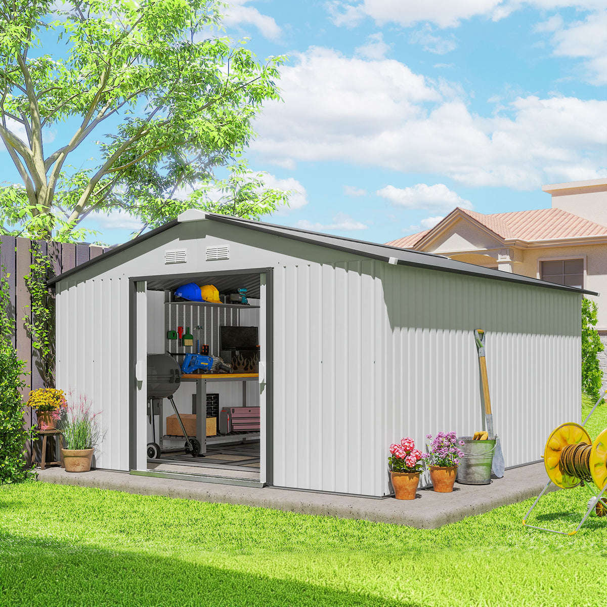 Garden Metal Shed, Storage Shed Utility Storage with Double Locking Doors for Bike, Yard Tools, White