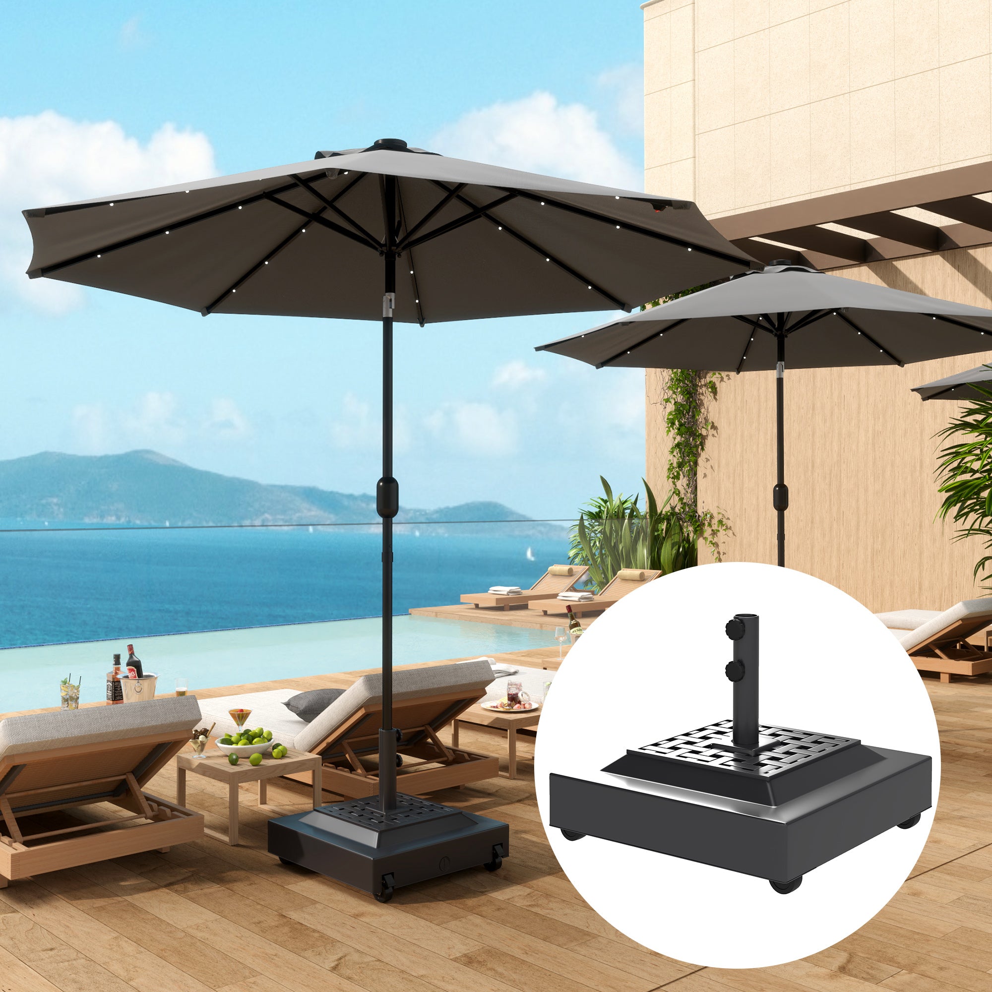 Outdoor Umbrella Stand Base with Wheels, Heavy Duty Patio Umbrella Base, Filled Up to 143lbs with Stand or 112lbs with Water, Patio Umbrella Holder for Garden, Poolside, Black