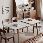 Extendable Dining Table with Stone Slab Tabletop, Sturdy Kitchen Table with Rounded Corners, 59″ L x 31.5″ W x 29.5″ H, White+Walnut