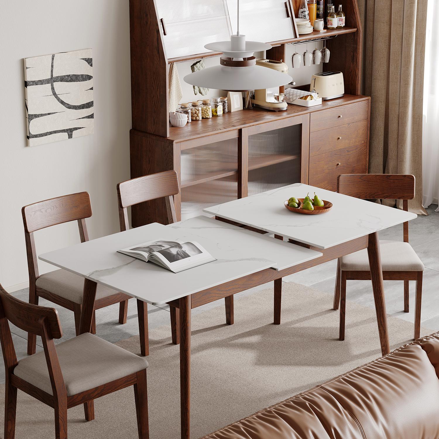 Extendable Dining Table with Stone Slab Tabletop, Sturdy Kitchen Table with Rounded Corners, 59″ L x 31.5″ W x 29.5″ H, White+Walnut