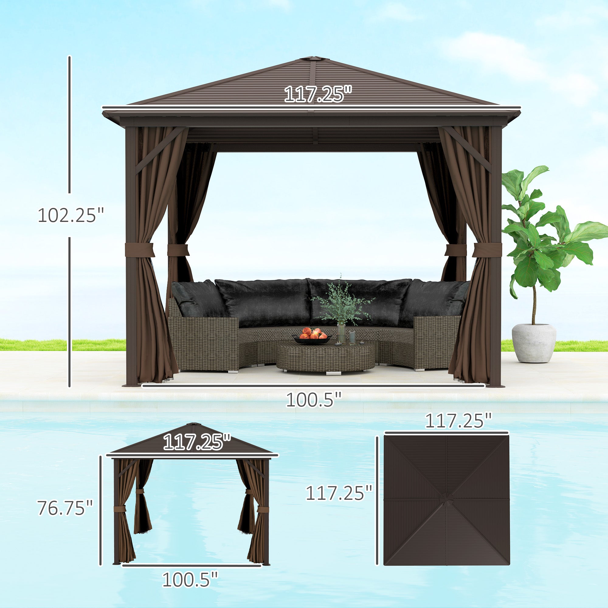 10' x 10' Hardtop Gazebo Canopy, Permanent Pavilion with Hook, Curtains, Aluminum Frame for Patio, Garden, Dark Brown