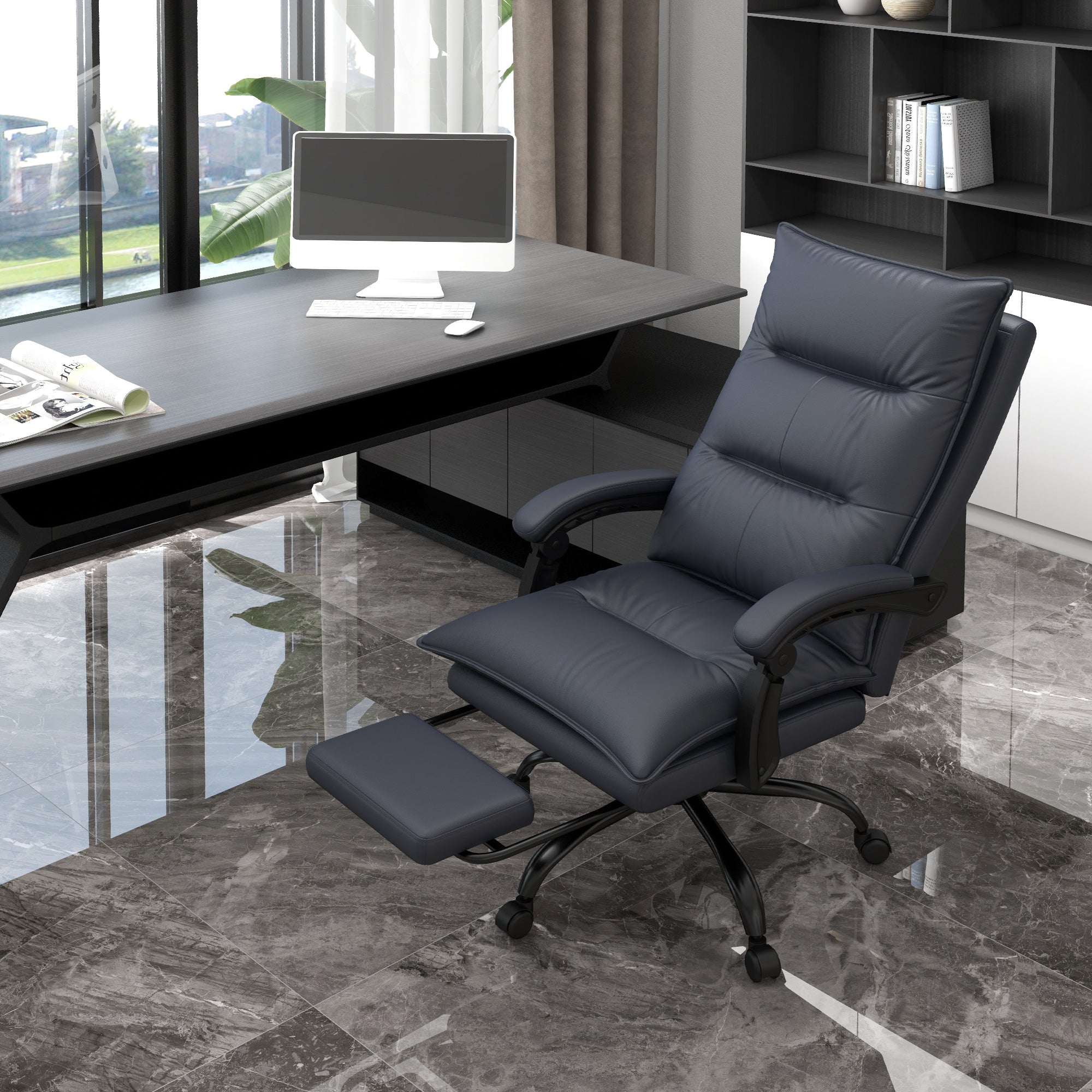 Executive Massage Office Chair with 6 Vibration Points, Microfiber Computer Desk Chair, Heated Reclining Chair with Footrest, Armrest, Double Padding, Charcoal Gray